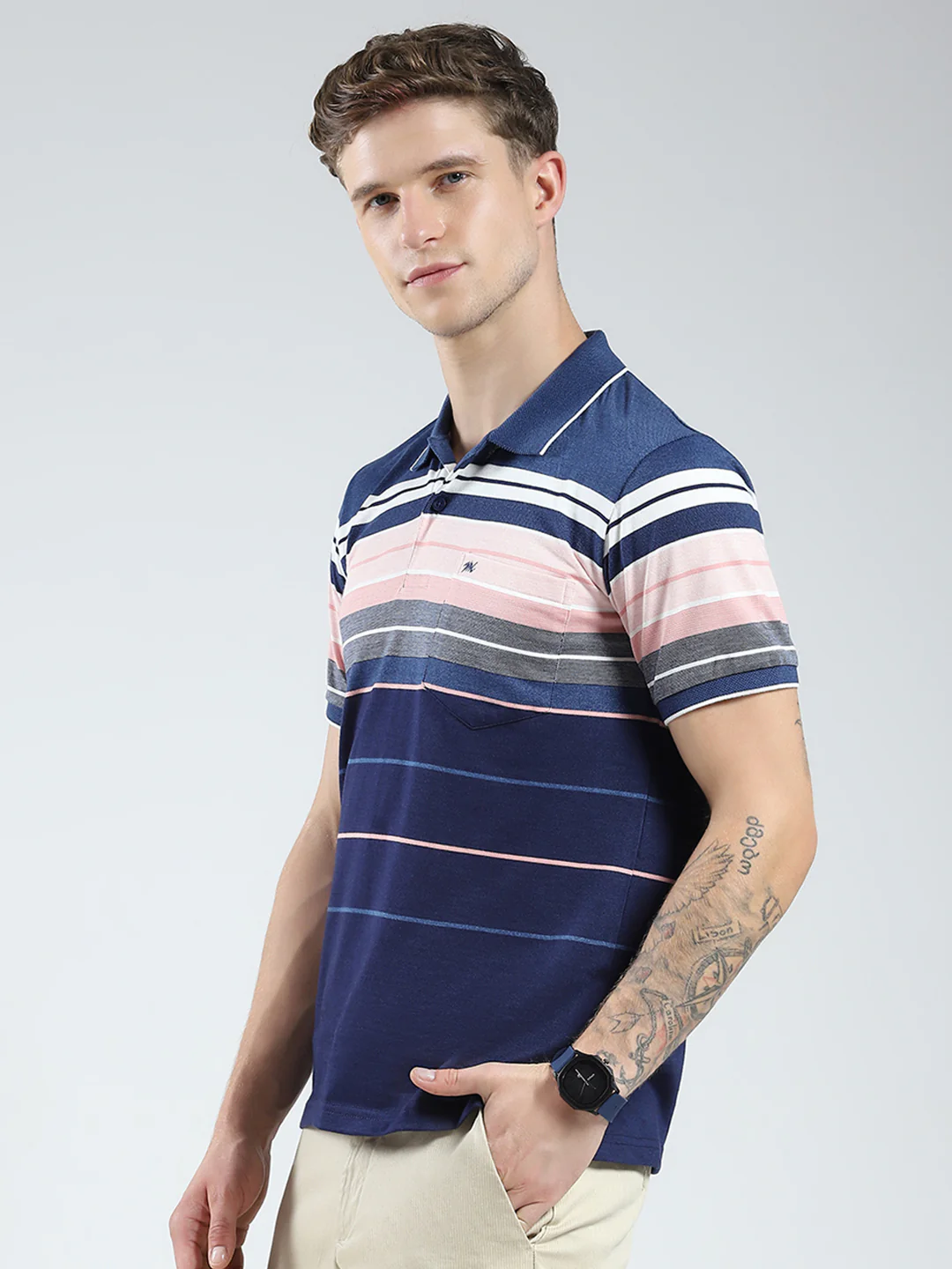 Men Blue Stripe Collar Half Sleeve T-Shirt - Image 3