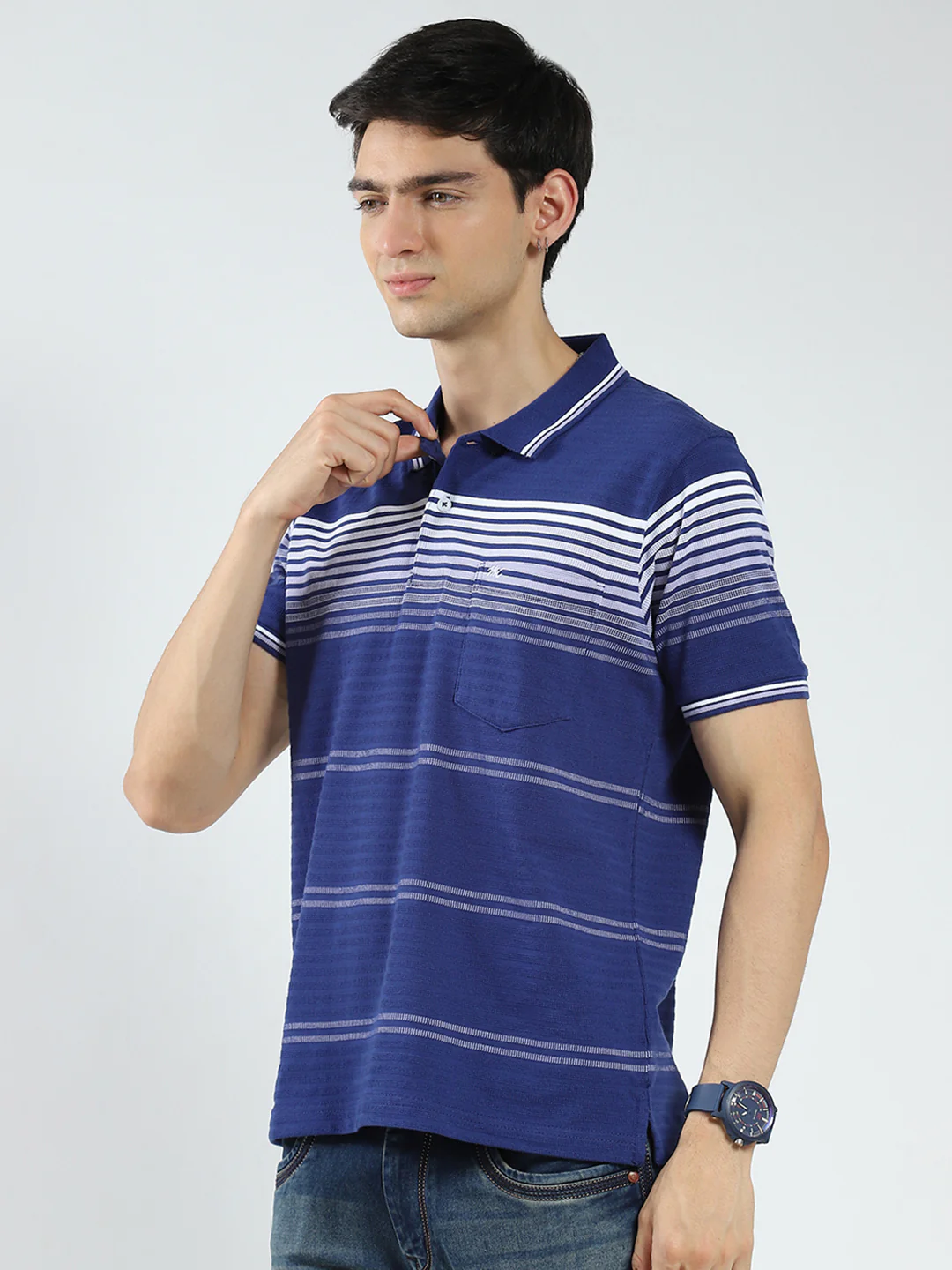 Men Blue Stripe Collar Half Sleeve T-Shirt - Image 3