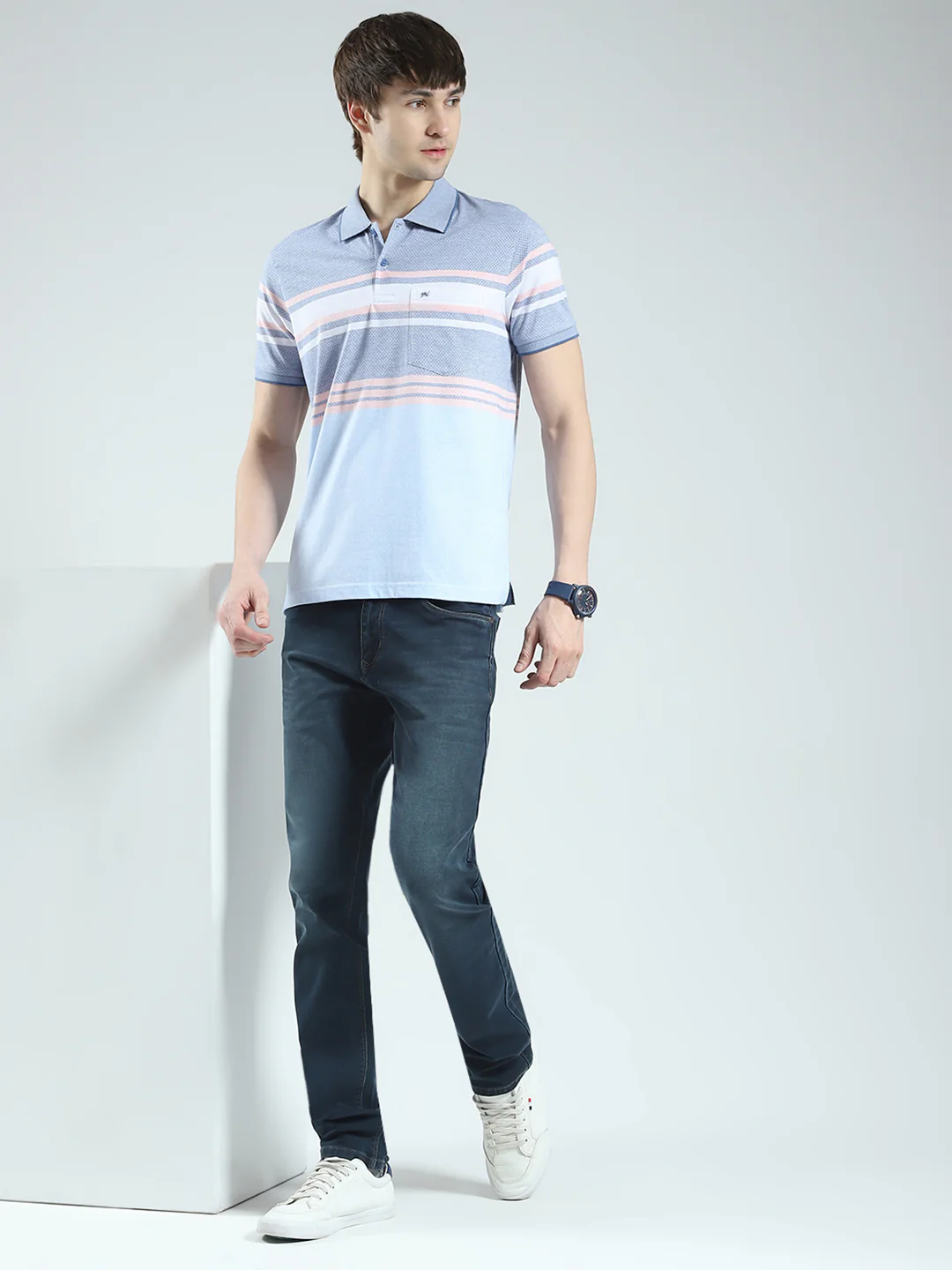 Men Blue Stripe Collar Half Sleeve T-Shirt - Image 2