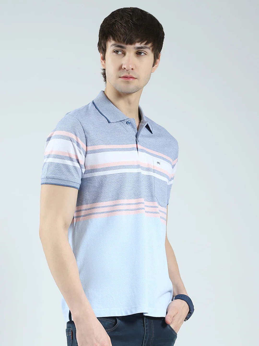 Men Blue Stripe Collar Half Sleeve T-Shirt - Image 4