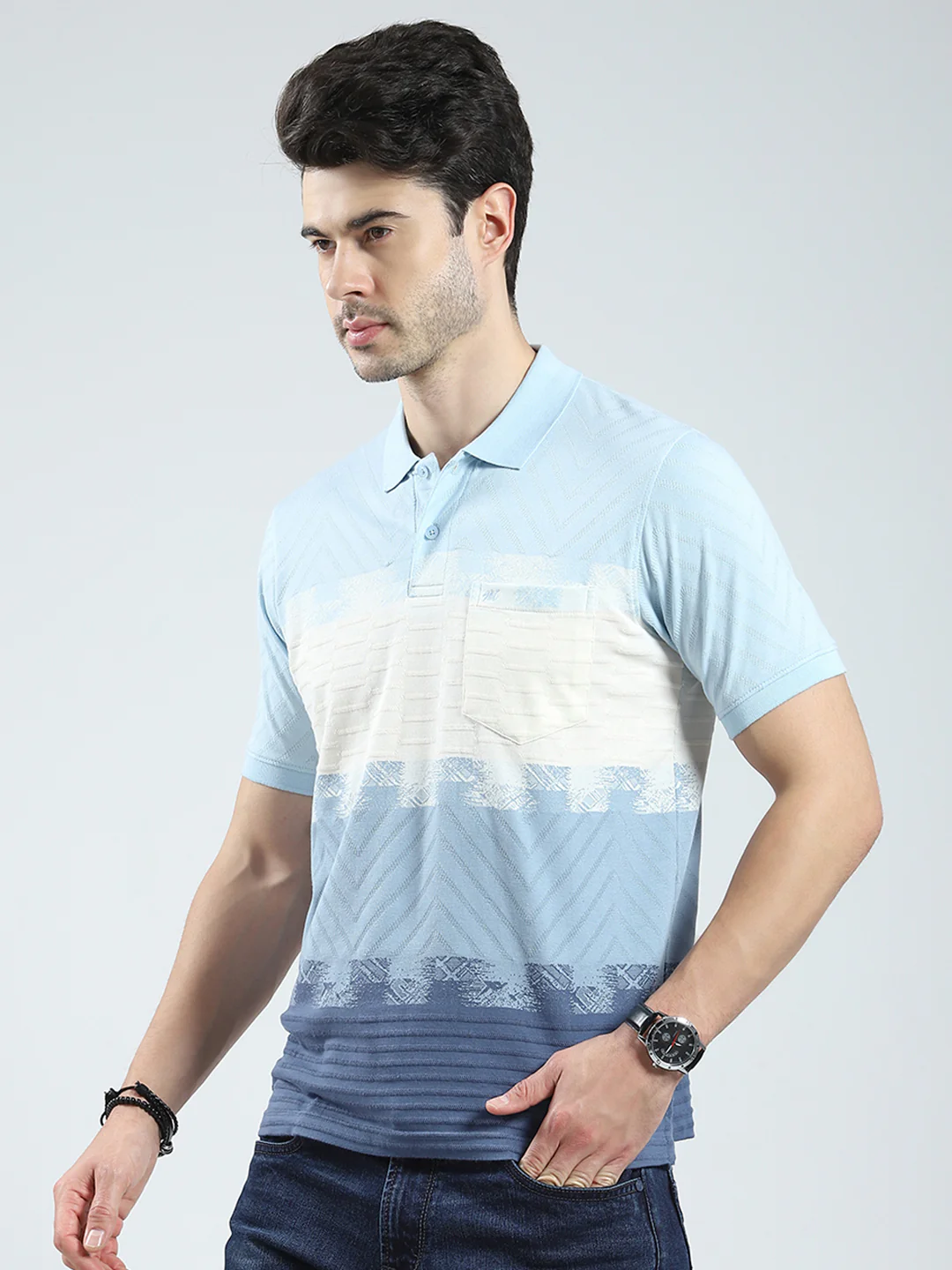 Men Blue Stripe Collar Half Sleeve T-Shirt - Image 3