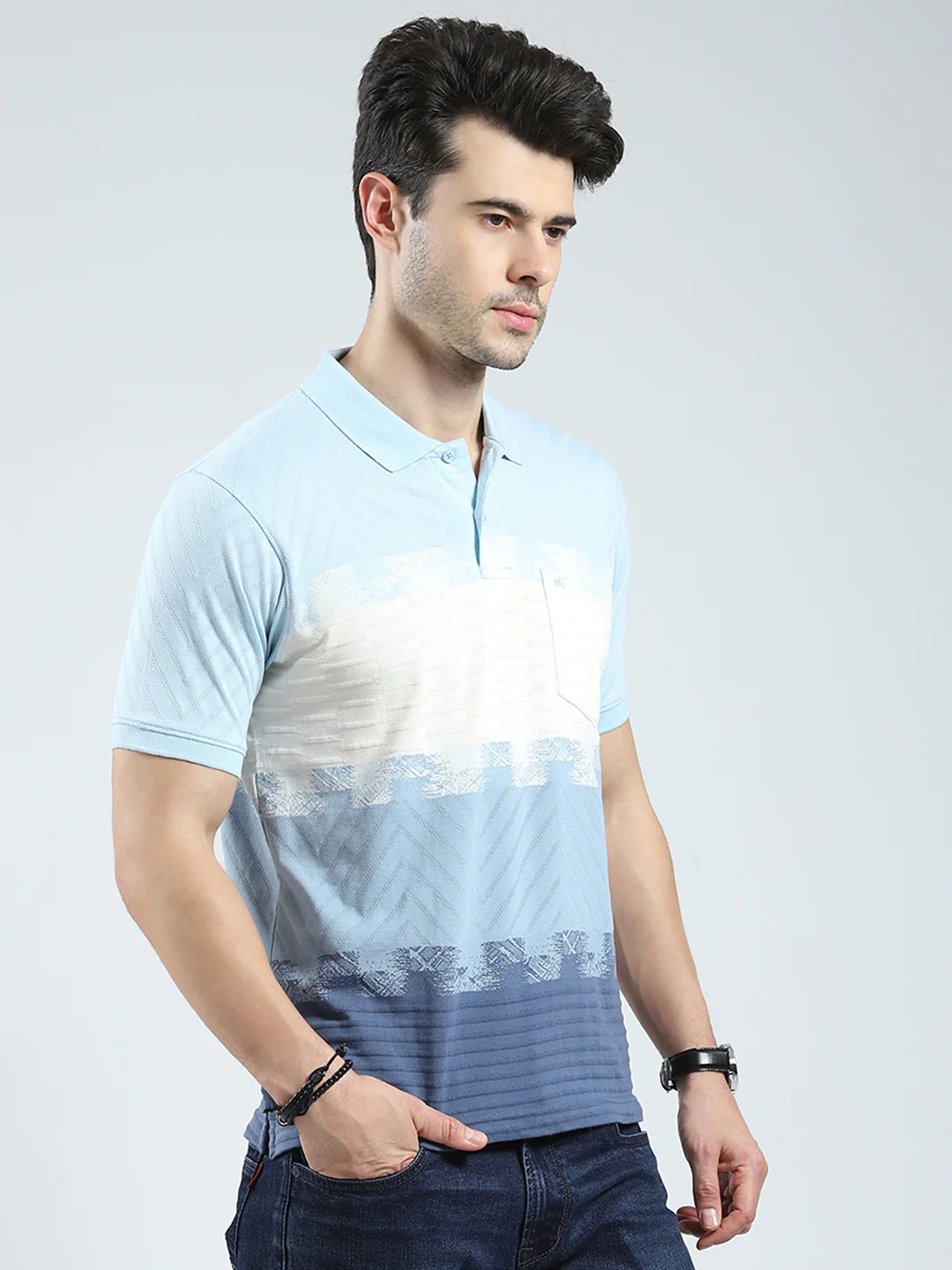 Men Blue Stripe Collar Half Sleeve T-Shirt - Image 4
