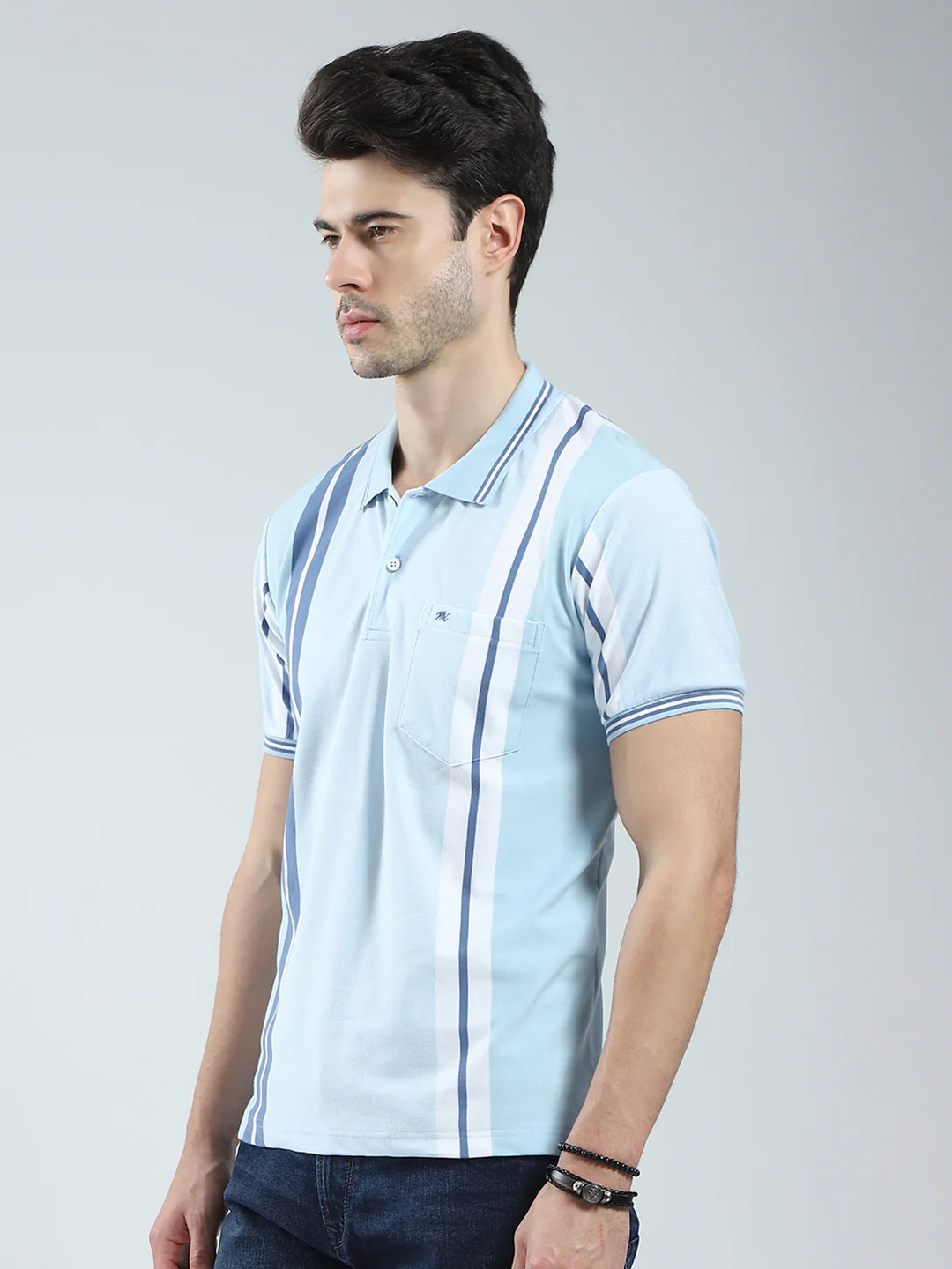 Men Blue Stripe Collar Half Sleeve T-Shirt - Image 3