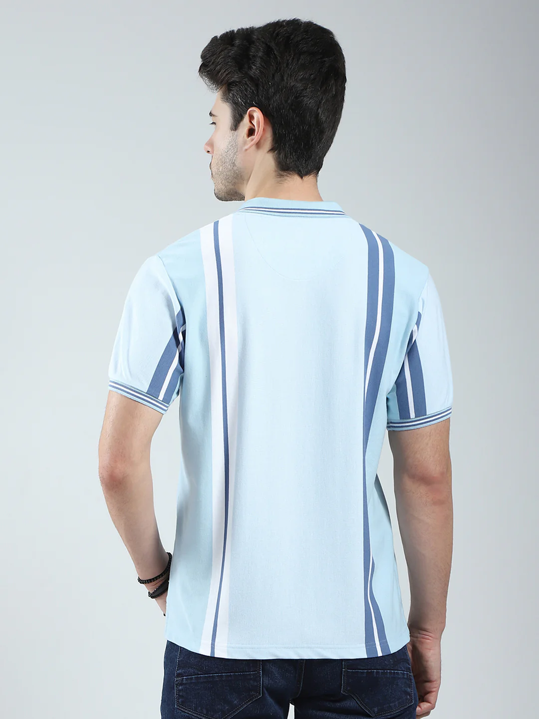 Men Blue Stripe Collar Half Sleeve T-Shirt - Image 5