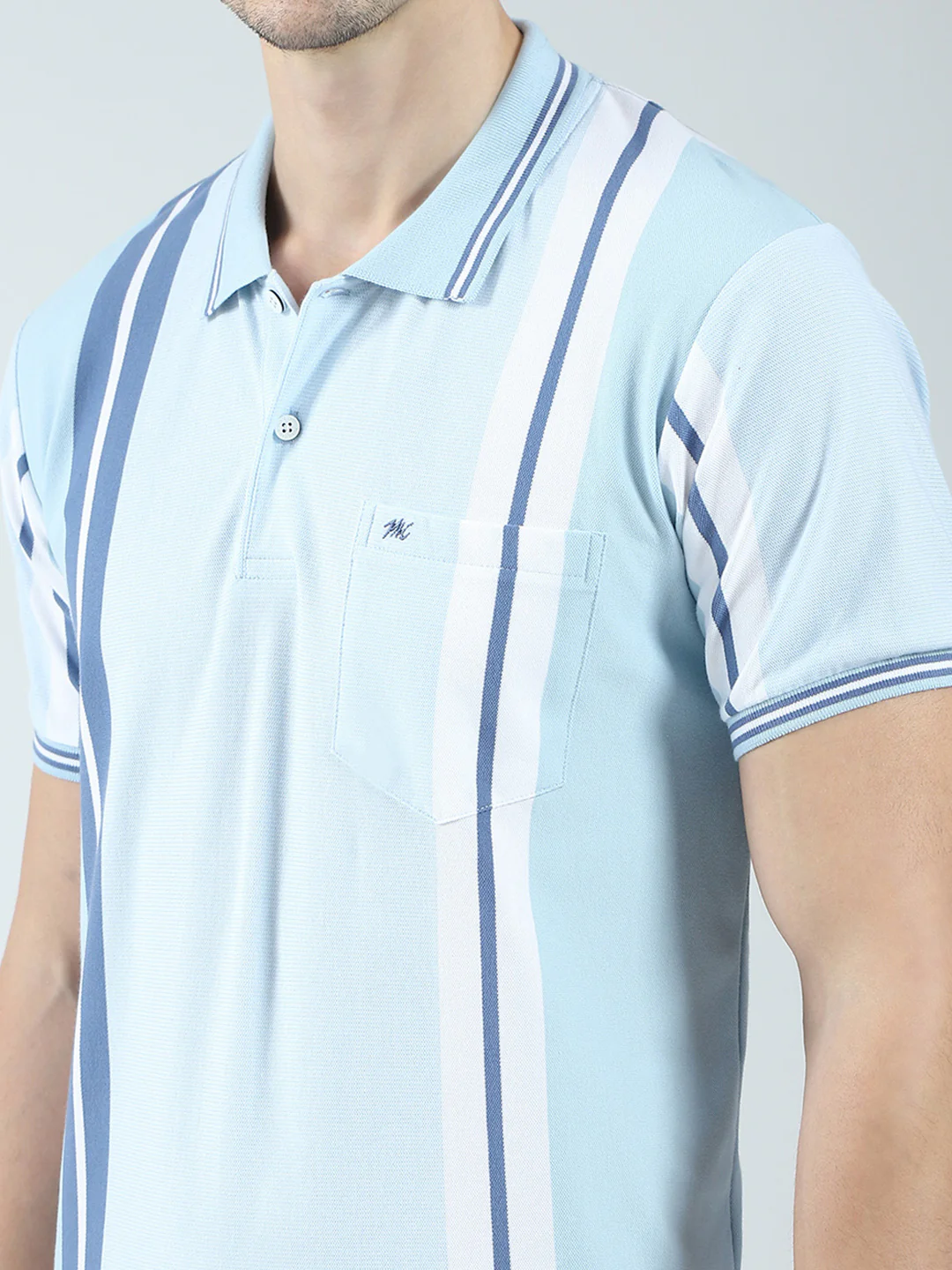 Men Blue Stripe Collar Half Sleeve T-Shirt - Image 6