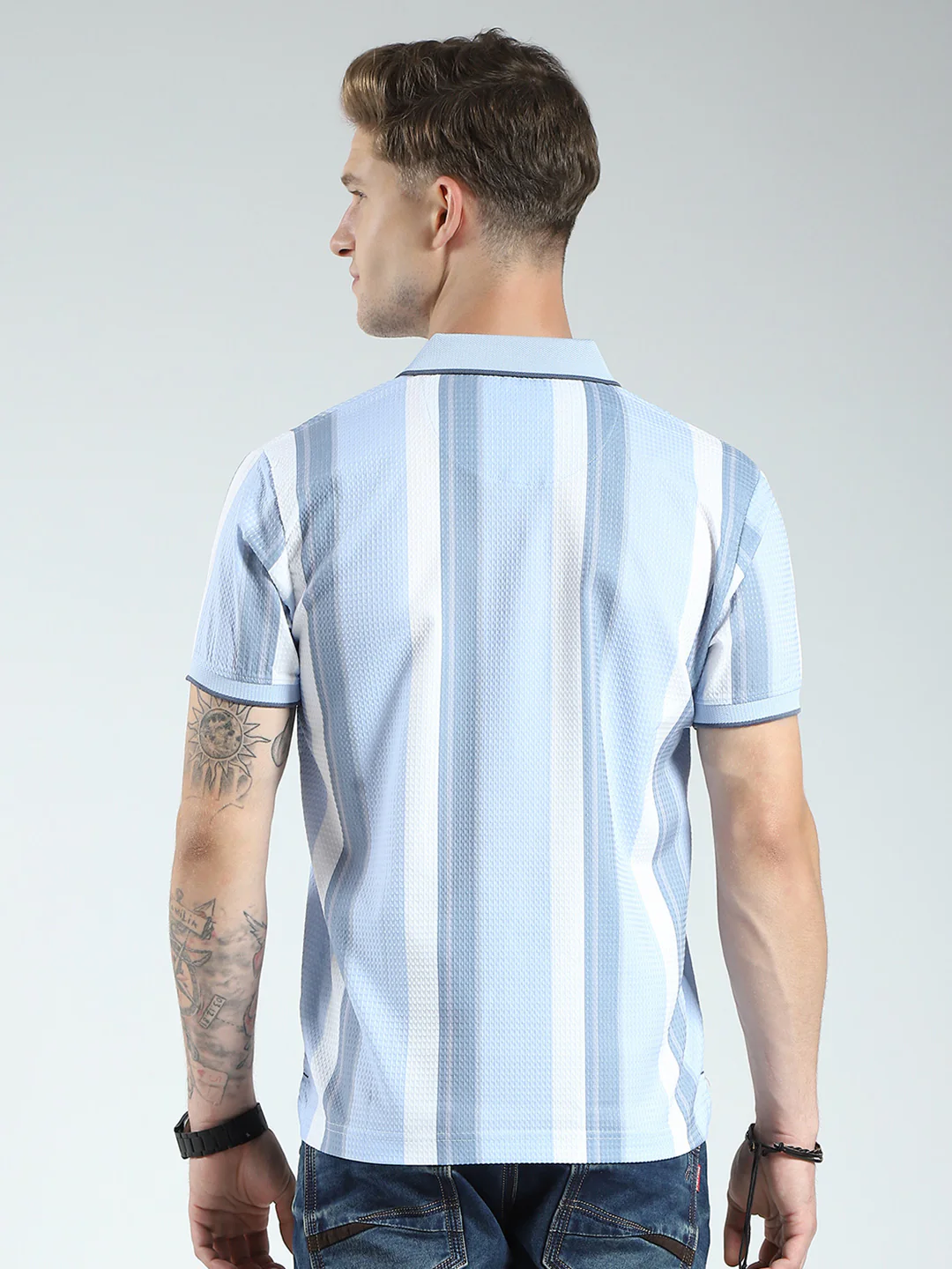 Men Blue Stripe Collar Half Sleeve T-Shirt - Image 5