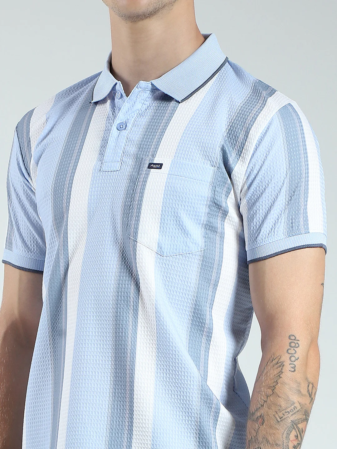 Men Blue Stripe Collar Half Sleeve T-Shirt - Image 6