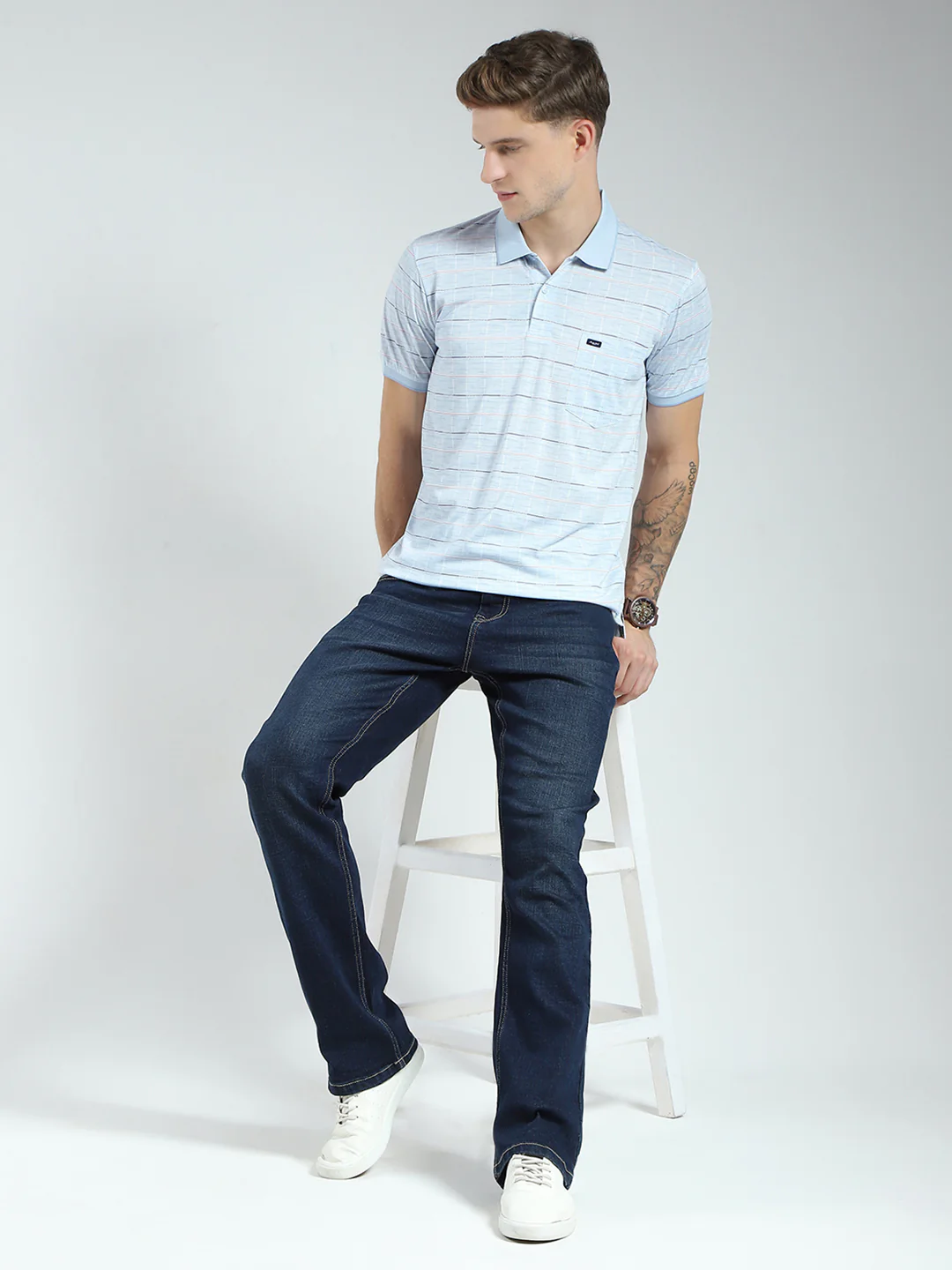 Men Blue Stripe Collar Half Sleeve T-Shirt - Image 2