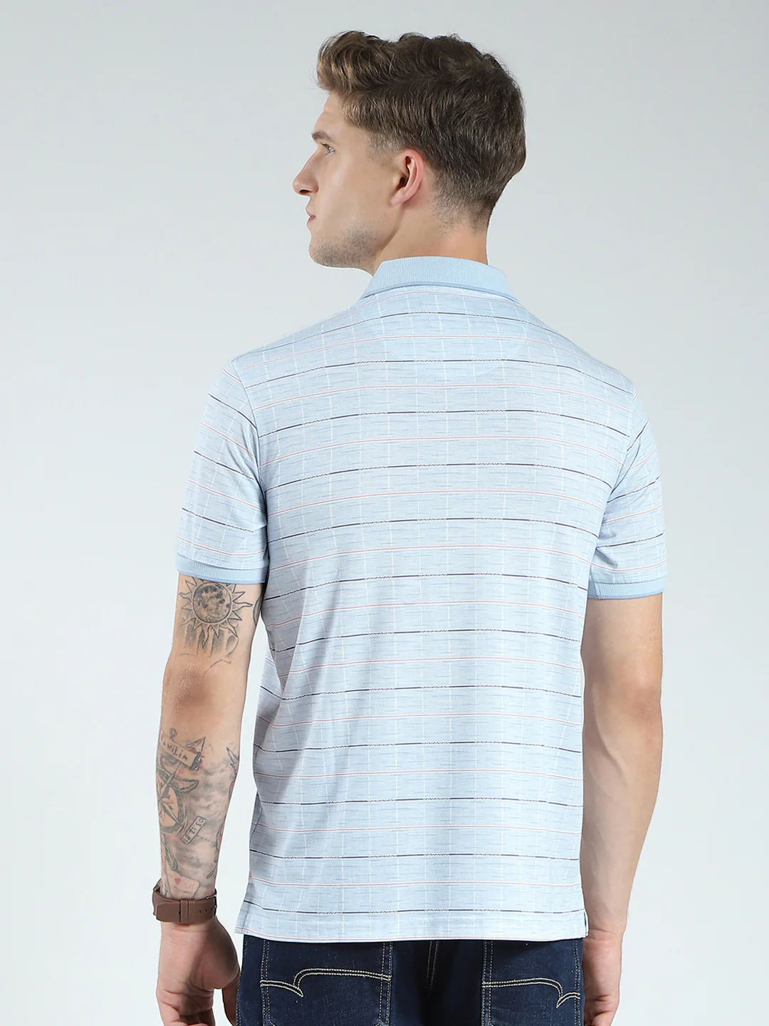 Men Blue Stripe Collar Half Sleeve T-Shirt - Image 5
