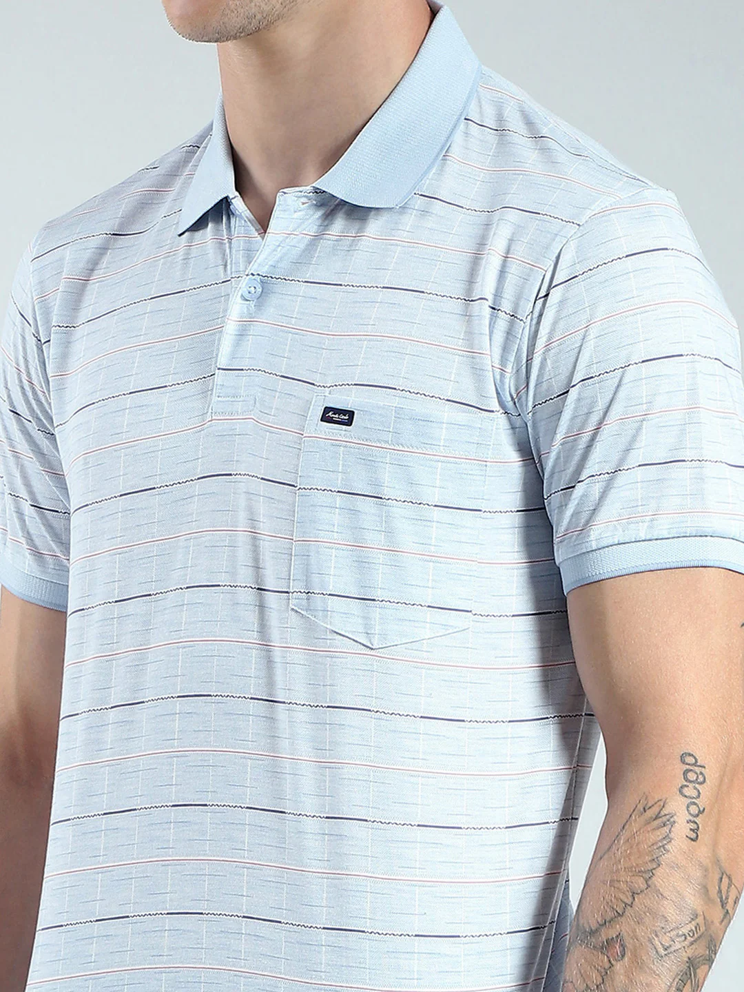 Men Blue Stripe Collar Half Sleeve T-Shirt - Image 6