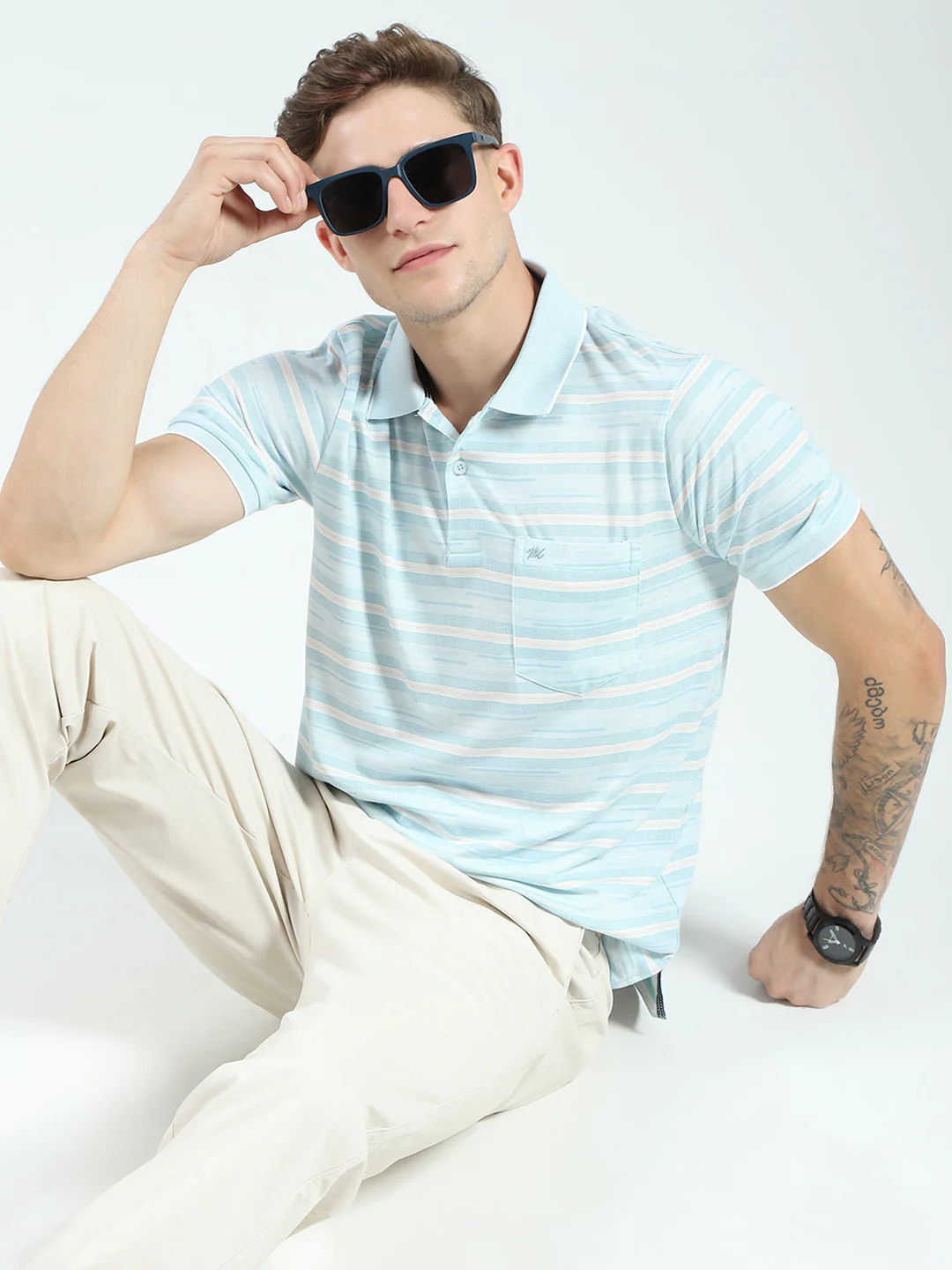 Men Blue Stripe Collar Half Sleeve T-Shirt - Image 6