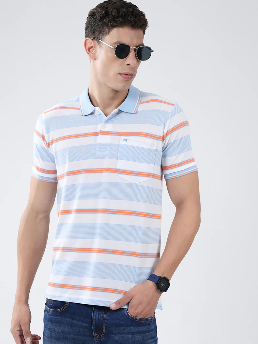 Men Blue Stripe Collar Half Sleeve T-Shirt - Image 6
