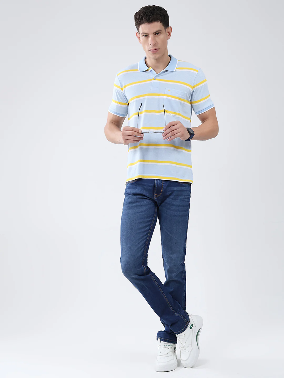 Men Blue Stripe Collar Half Sleeve T-Shirt - Image 2