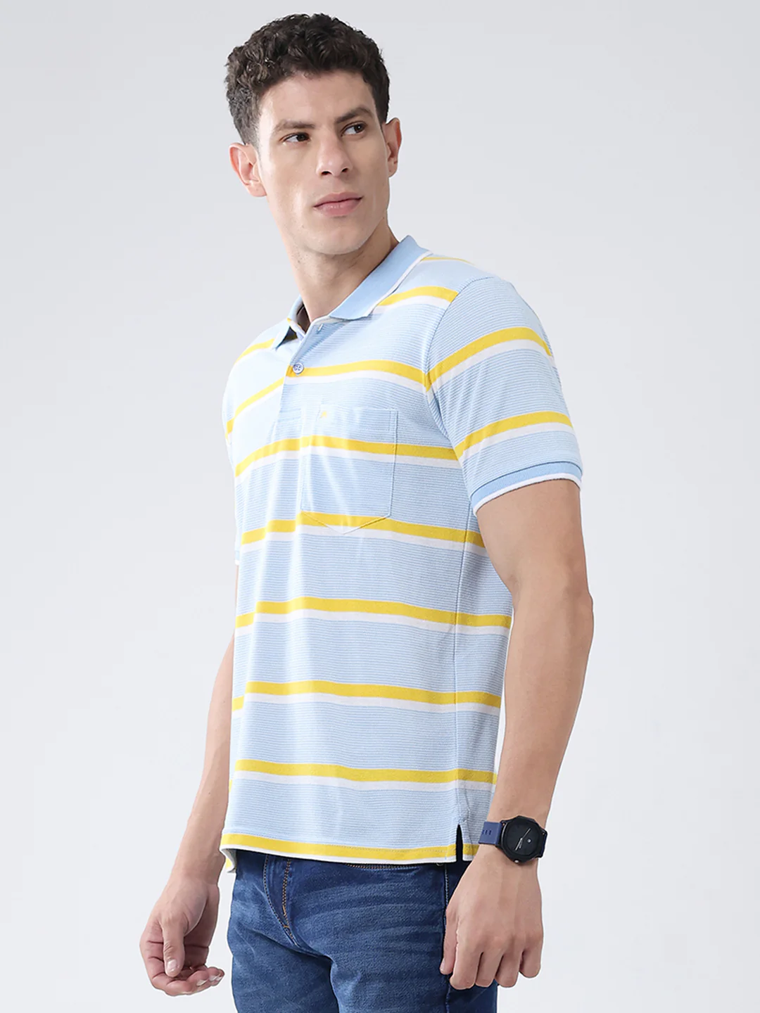 Men Blue Stripe Collar Half Sleeve T-Shirt - Image 3