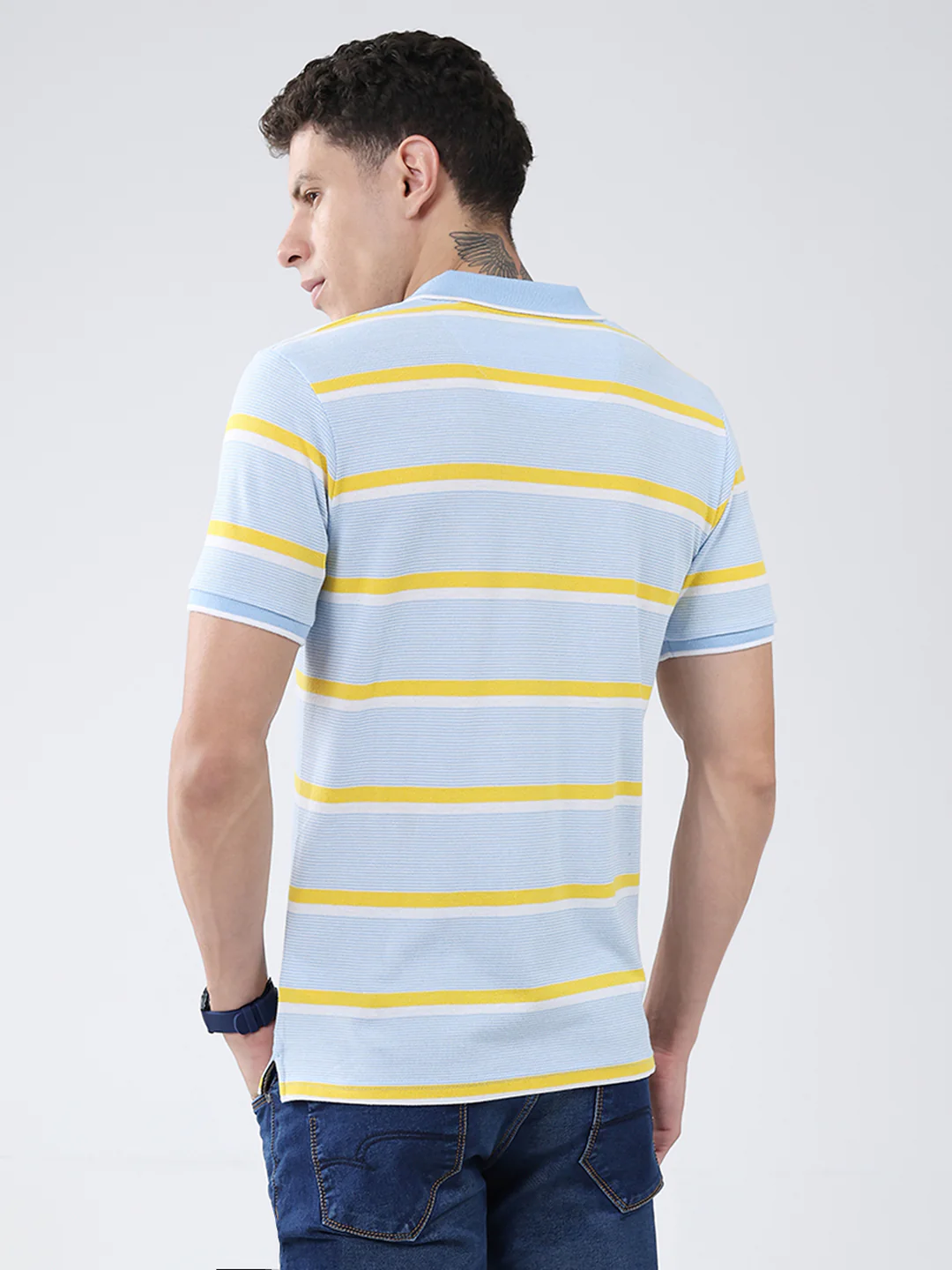 Men Blue Stripe Collar Half Sleeve T-Shirt - Image 5