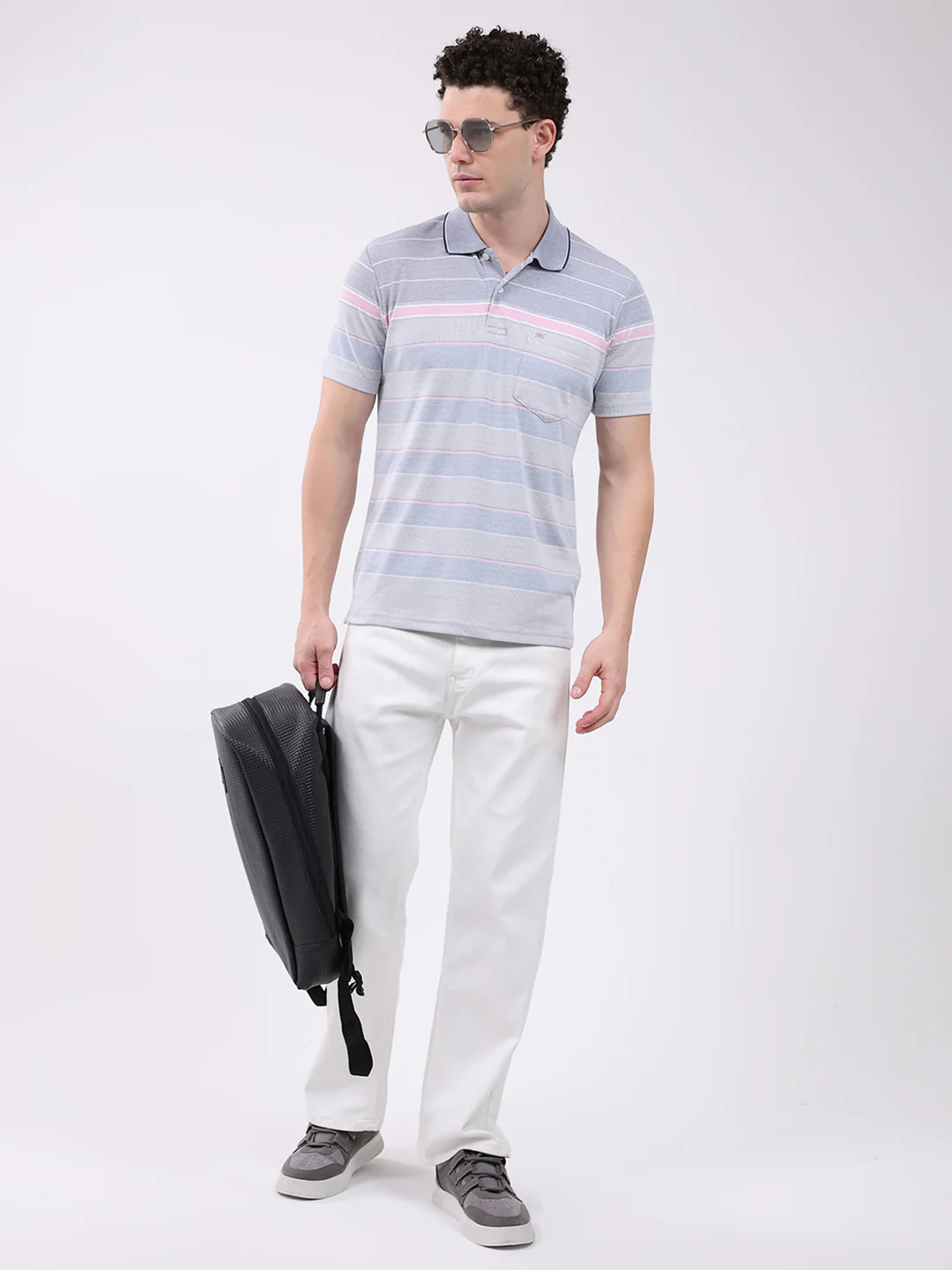 Men Blue Stripe Collar Half Sleeve T-Shirt - Image 2