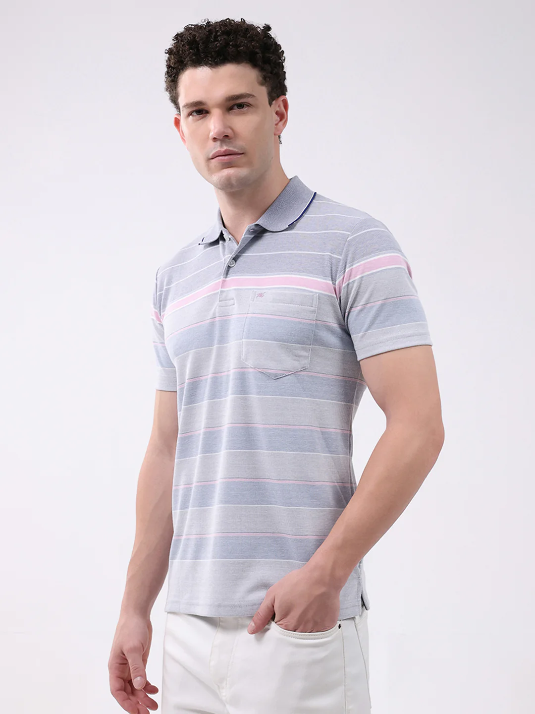 Men Blue Stripe Collar Half Sleeve T-Shirt - Image 3