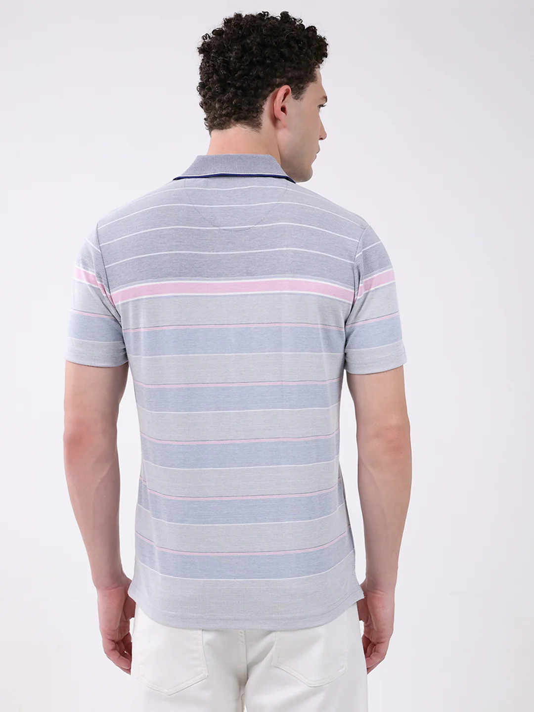 Men Blue Stripe Collar Half Sleeve T-Shirt - Image 5