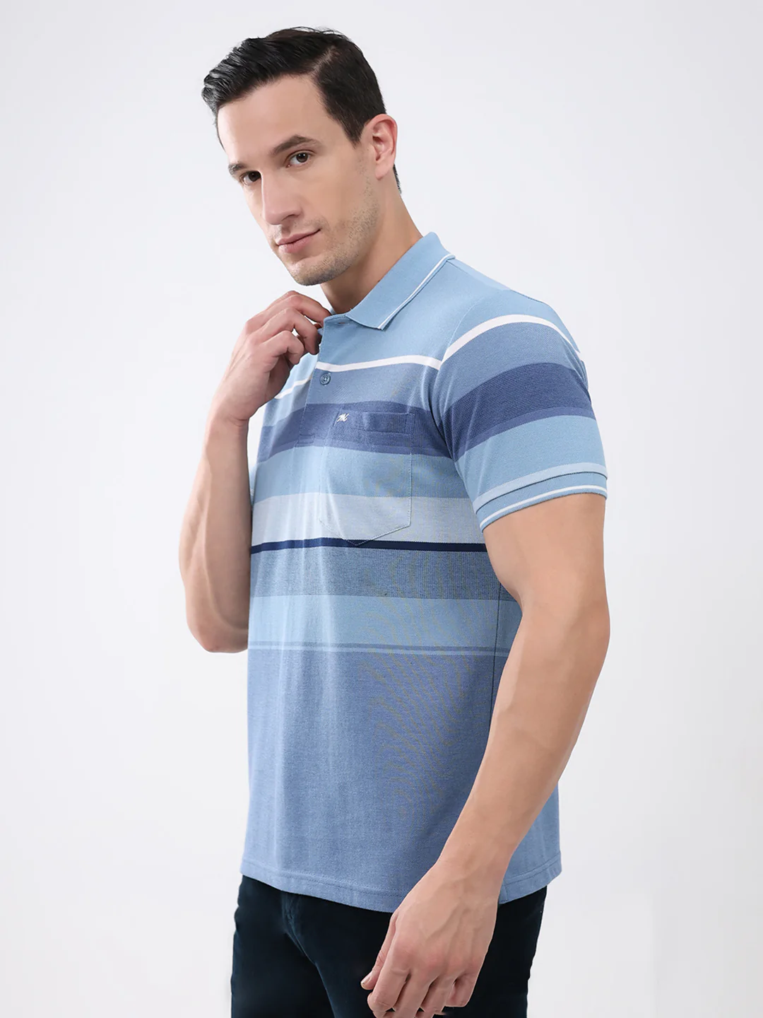 Men Blue Stripe Collar Half Sleeve T-Shirt - Image 3