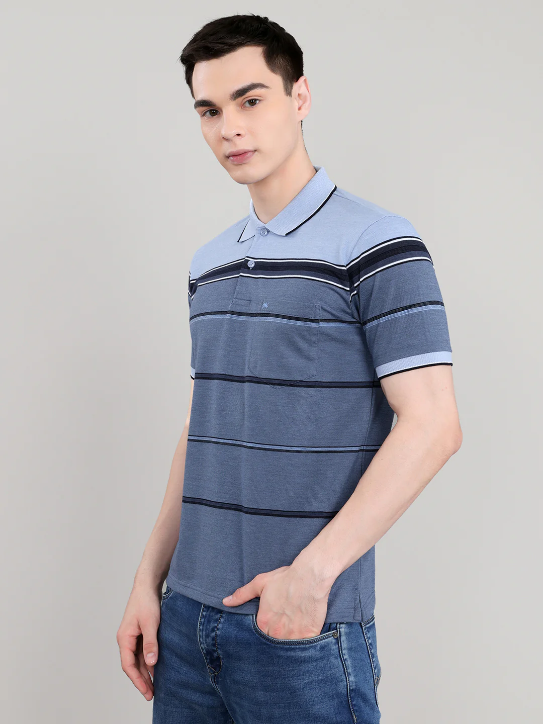 Men Blue Stripe Collar Half Sleeve T-Shirt - Image 2