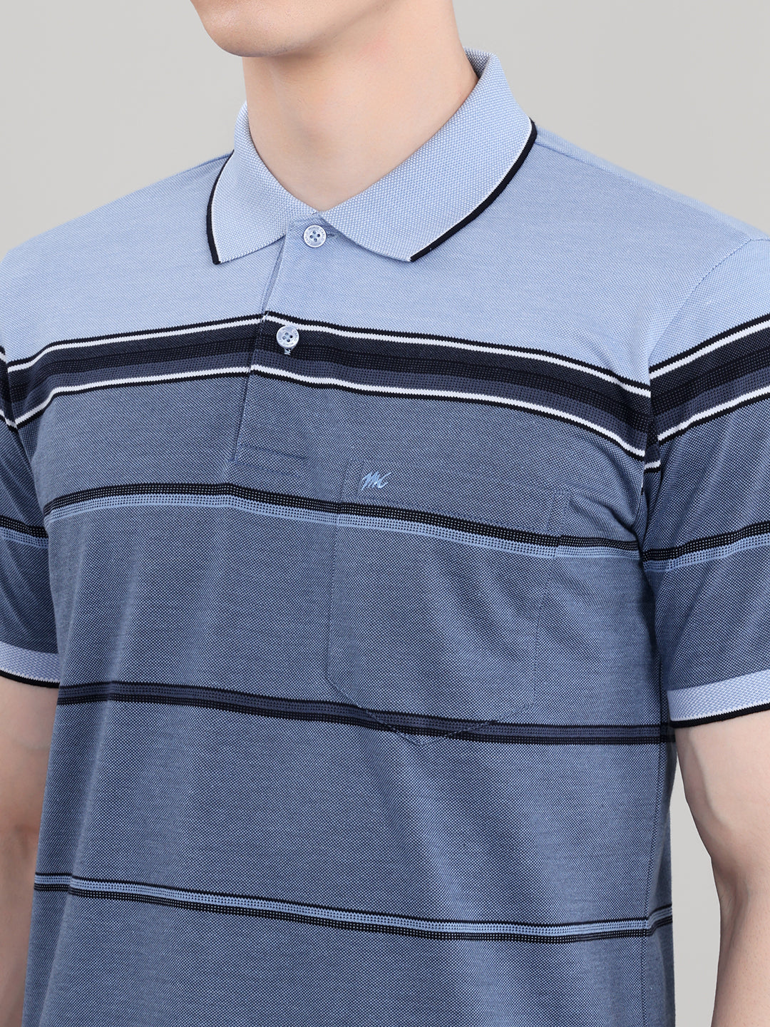 Men Blue Stripe Collar Half Sleeve T-Shirt - Image 5