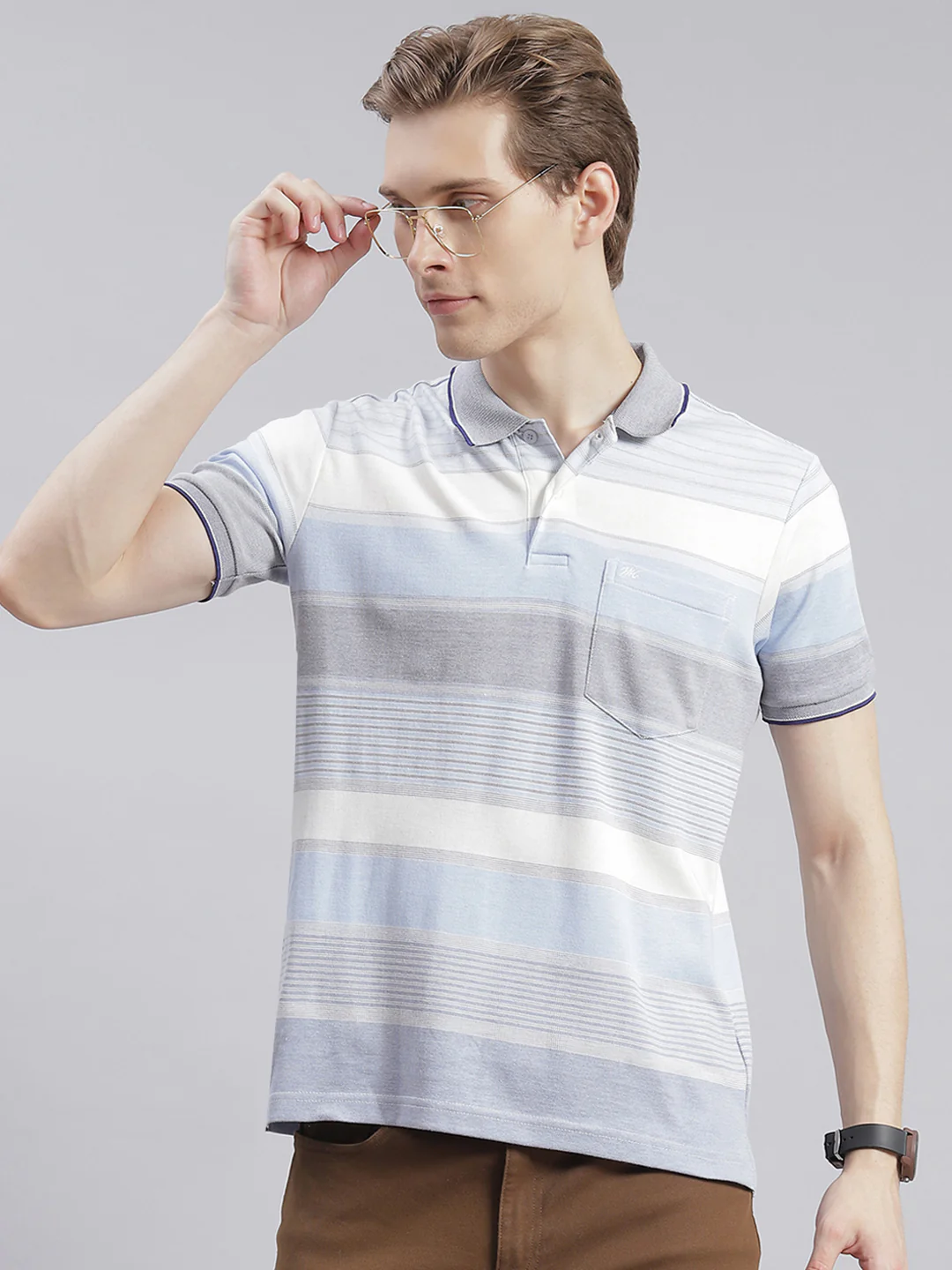 Men Blue Stripe Collar Half Sleeve T-Shirts - Image 2