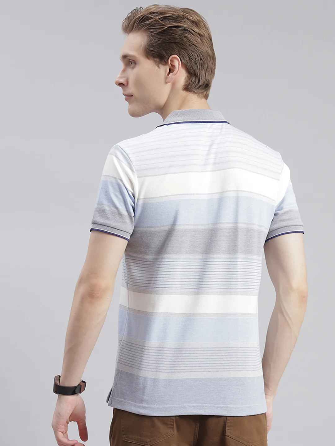 Men Blue Stripe Collar Half Sleeve T-Shirts - Image 5