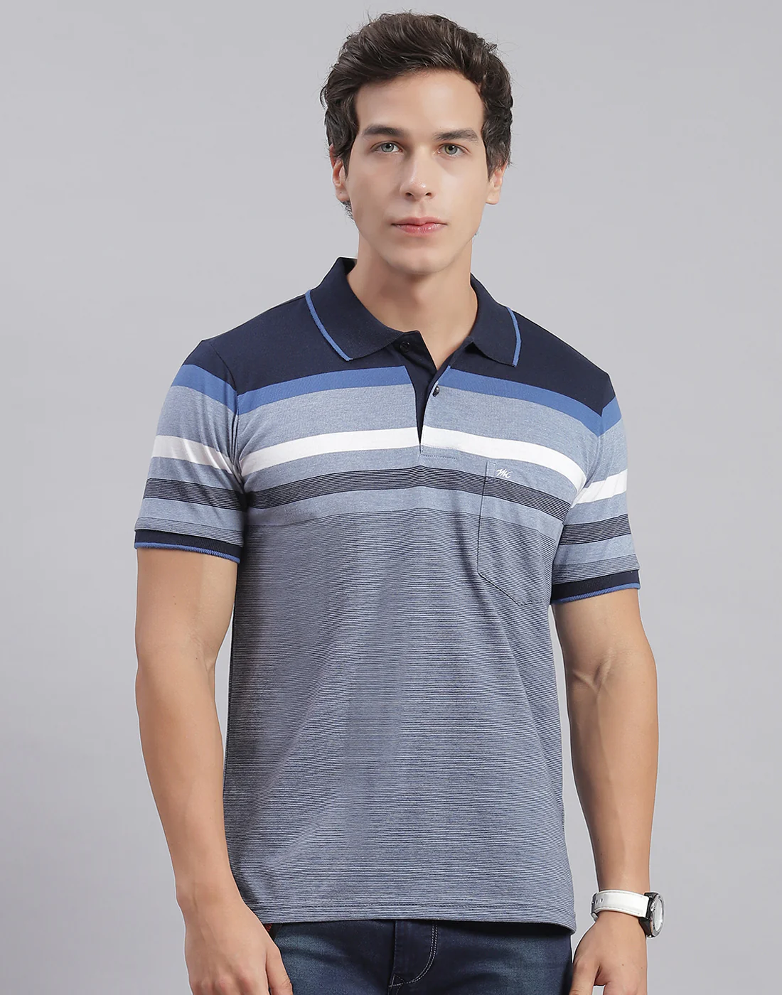 Men Blue Stripe Collar Half Sleeve T-Shirts - Image 2