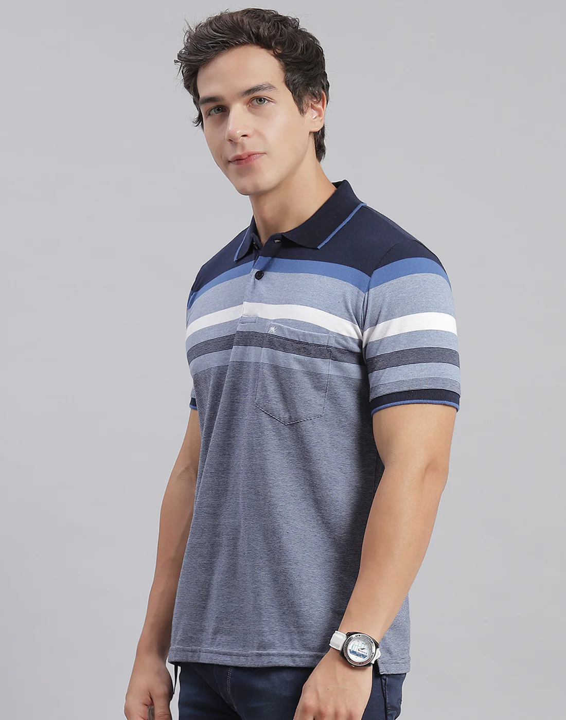 Men Blue Stripe Collar Half Sleeve T-Shirts - Image 3