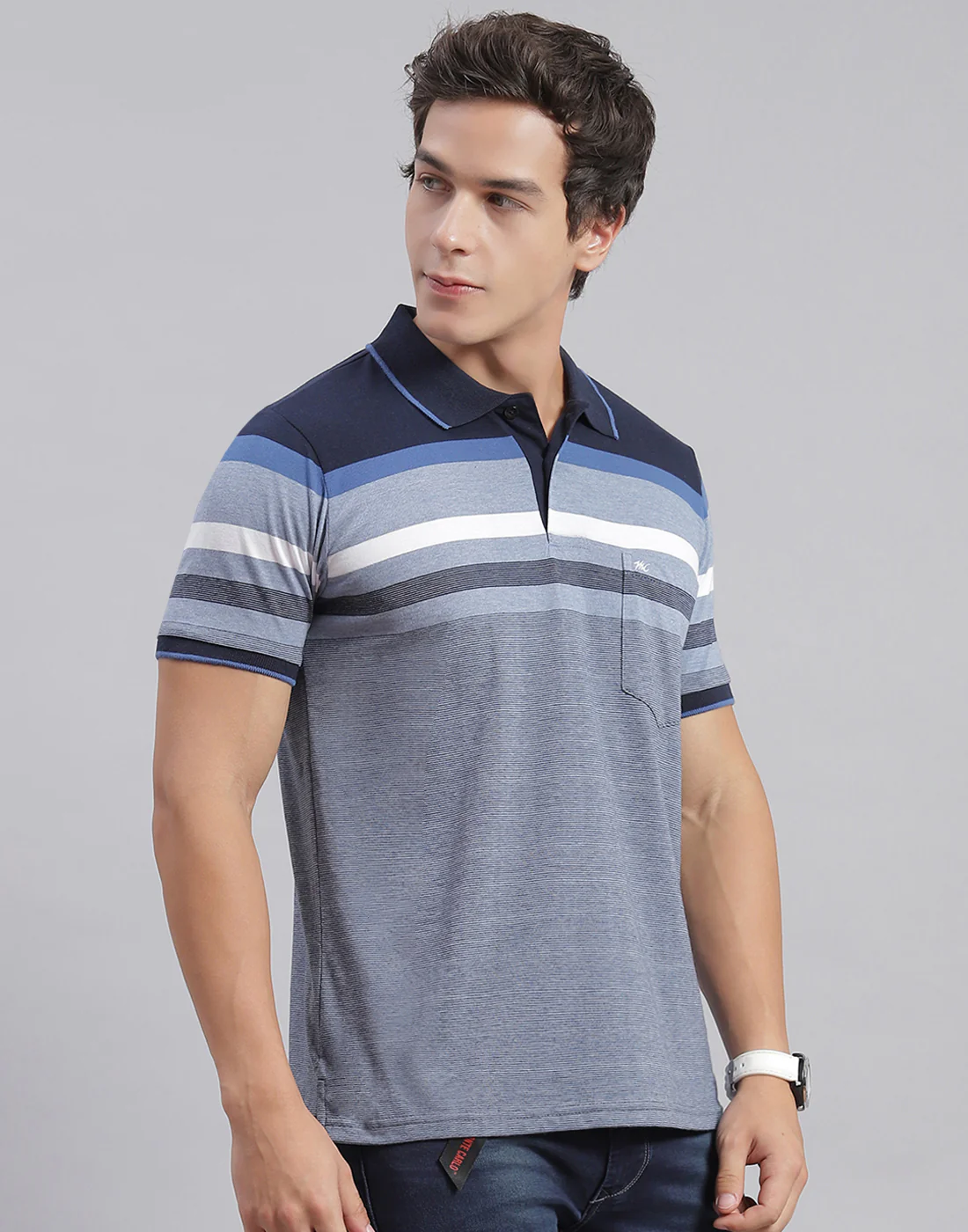 Men Blue Stripe Collar Half Sleeve T-Shirts - Image 4