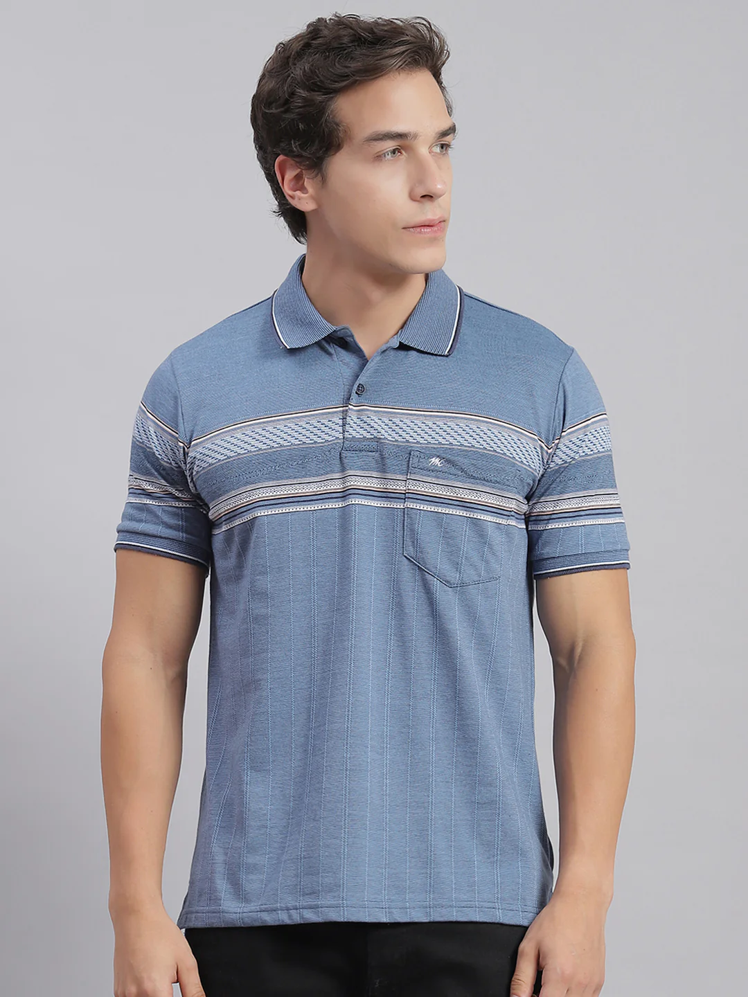 Men Blue Stripe Collar Half Sleeve T-Shirts - Image 2