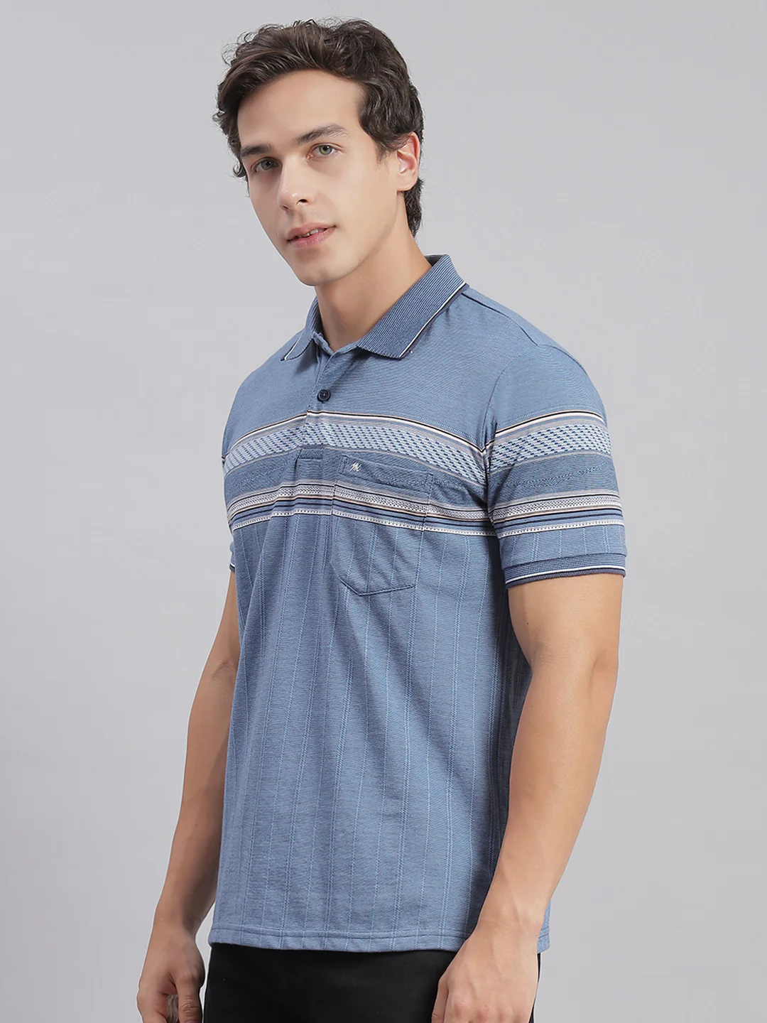 Men Blue Stripe Collar Half Sleeve T-Shirts - Image 3