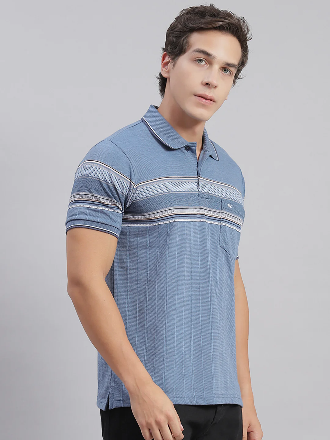 Men Blue Stripe Collar Half Sleeve T-Shirts - Image 4