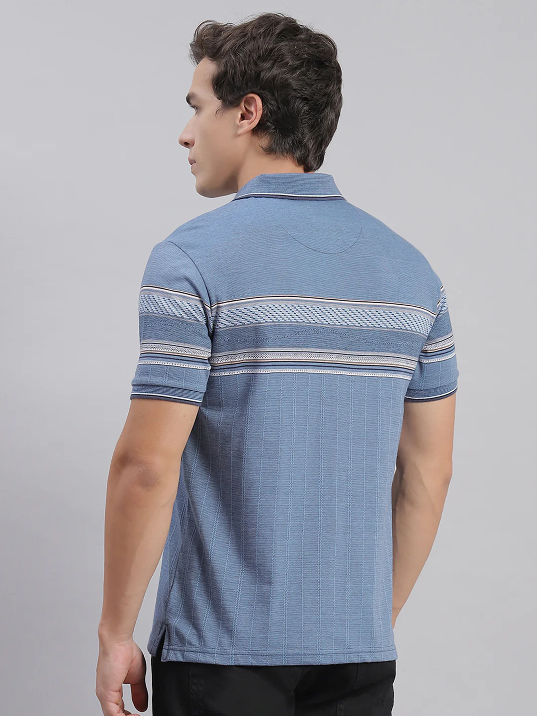 Men Blue Stripe Collar Half Sleeve T-Shirts - Image 5