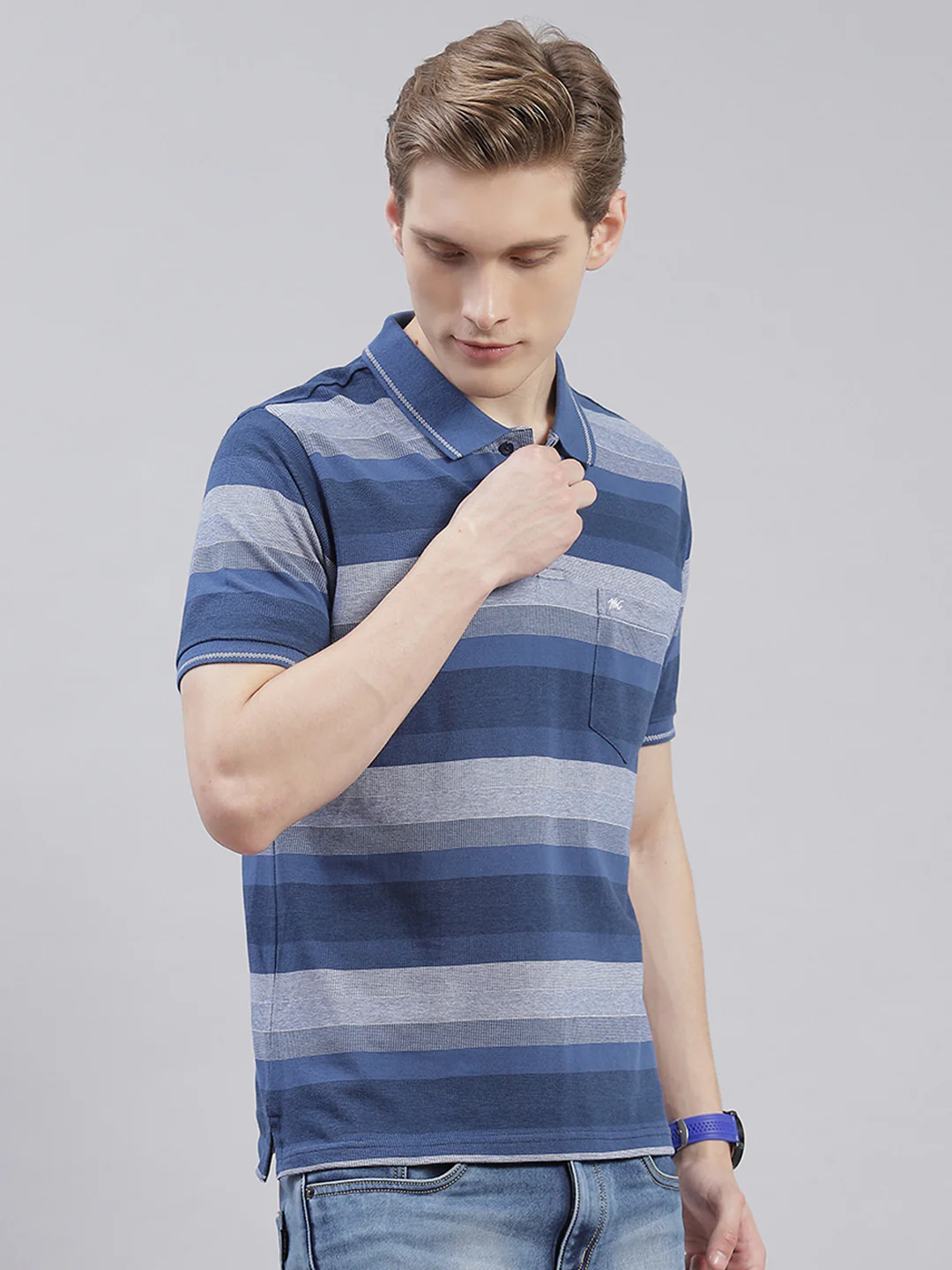 Men Blue Stripe Collar Half Sleeve T-Shirts - Image 5