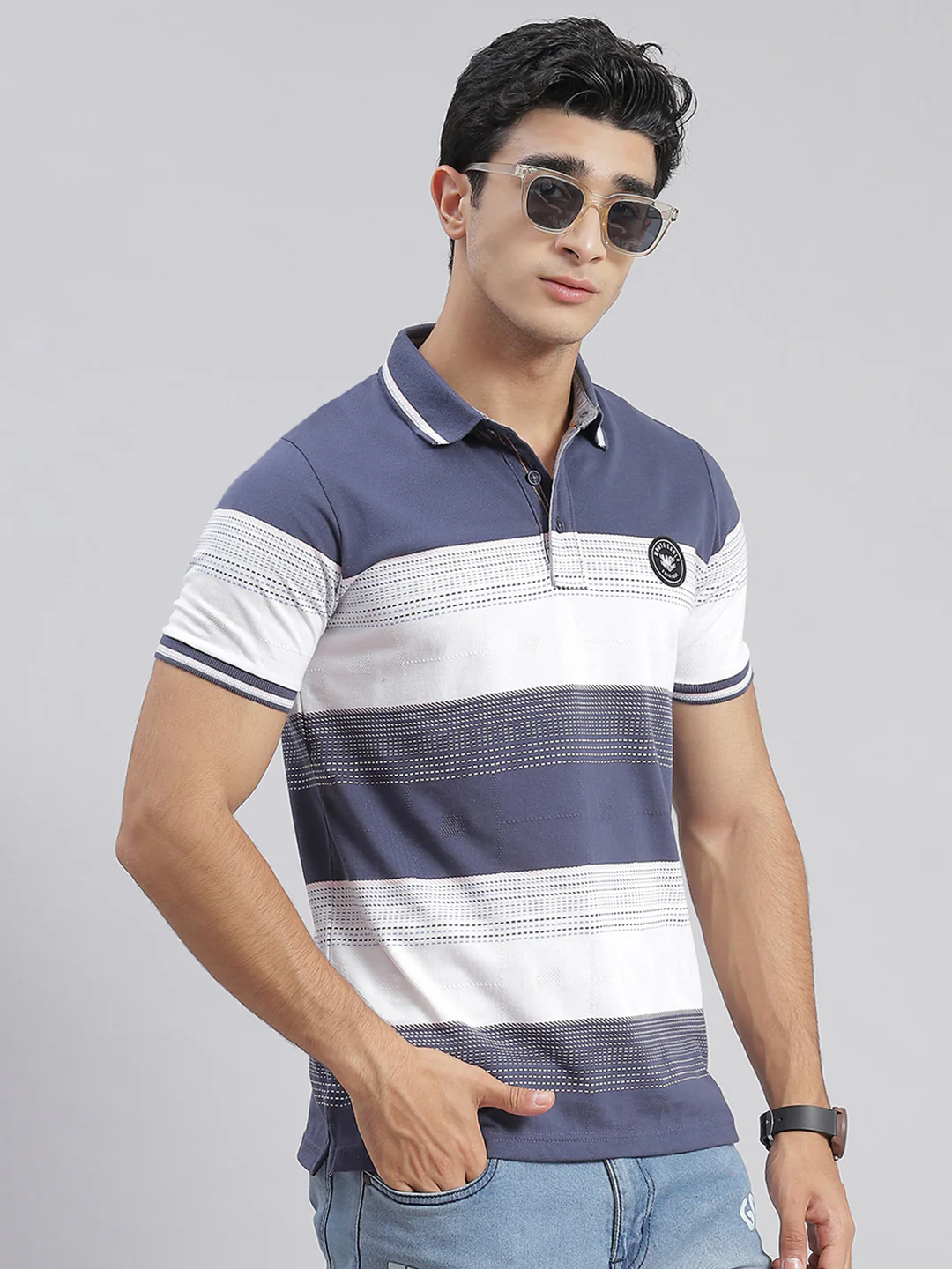 Men Blue Stripe Collar Half Sleeve T-Shirts - Image 4