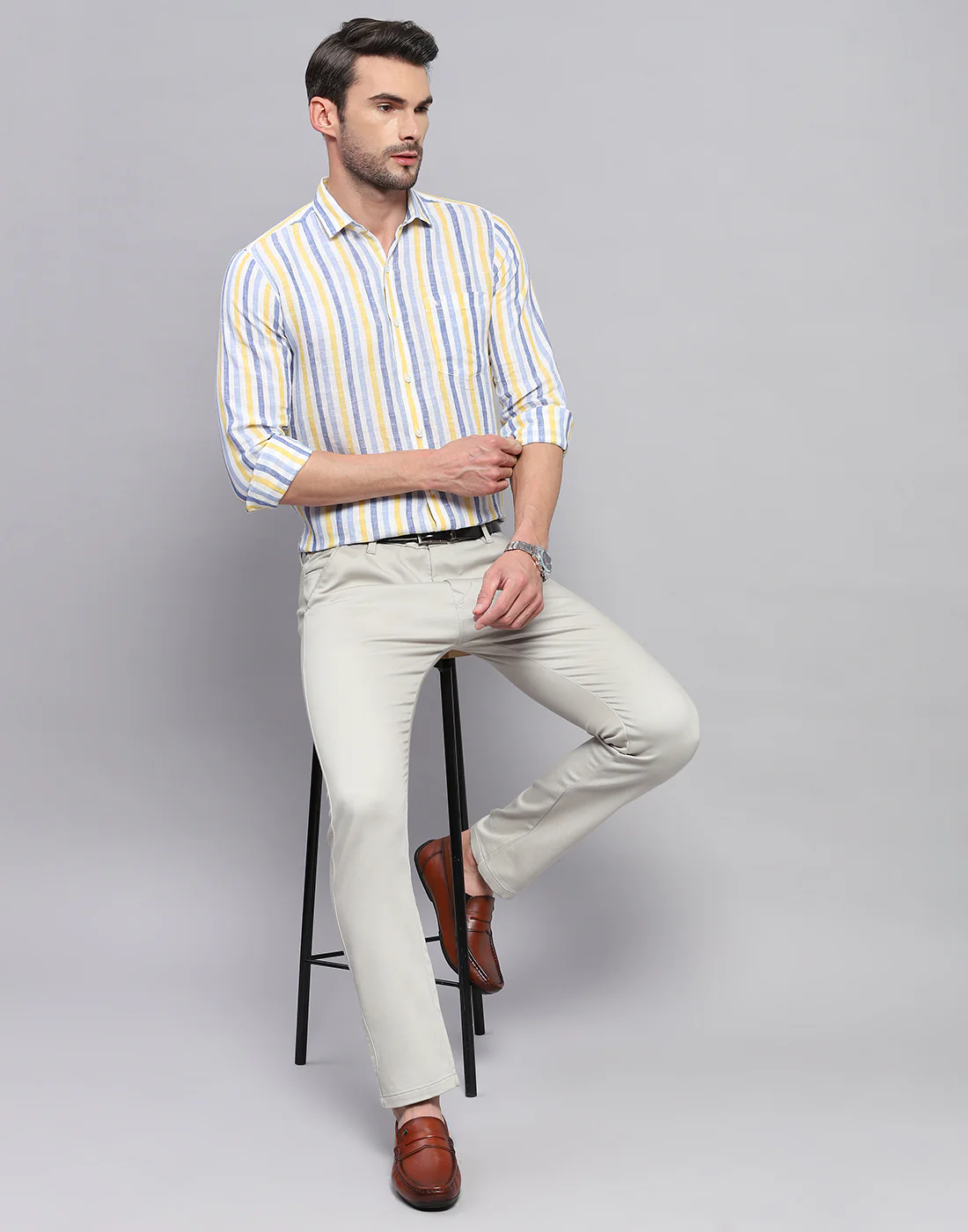 Men Blue Stripe Collar Neck Full Sleeve Linen Shirt - Image 2
