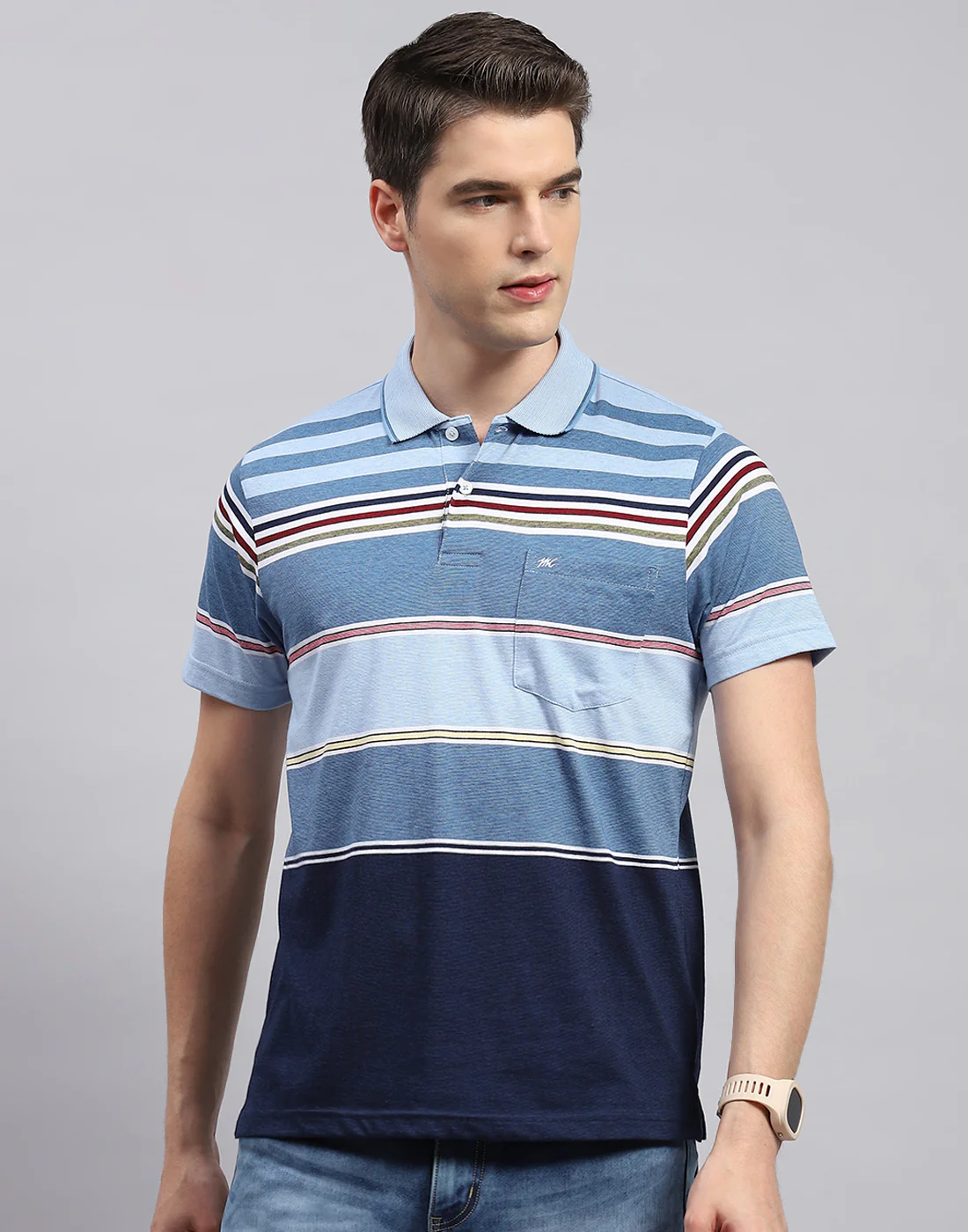 Men Blue Stripe Collar Neck Half Sleeve T-Shirt