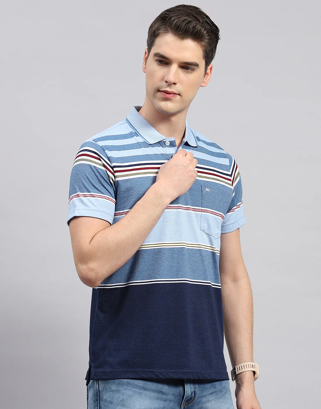 Men Blue Stripe Collar Neck Half Sleeve T-Shirt - Image 4