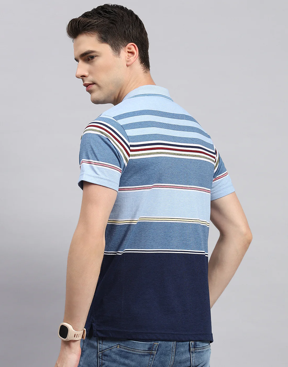 Men Blue Stripe Collar Neck Half Sleeve T-Shirt - Image 5
