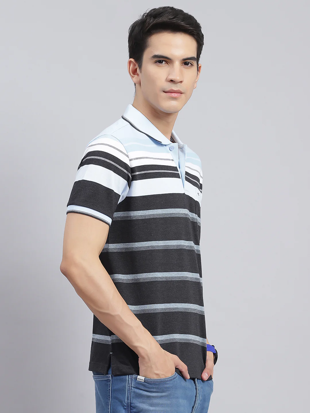 Men Blue Stripe Cotton Blend T-Shirt - Image 3