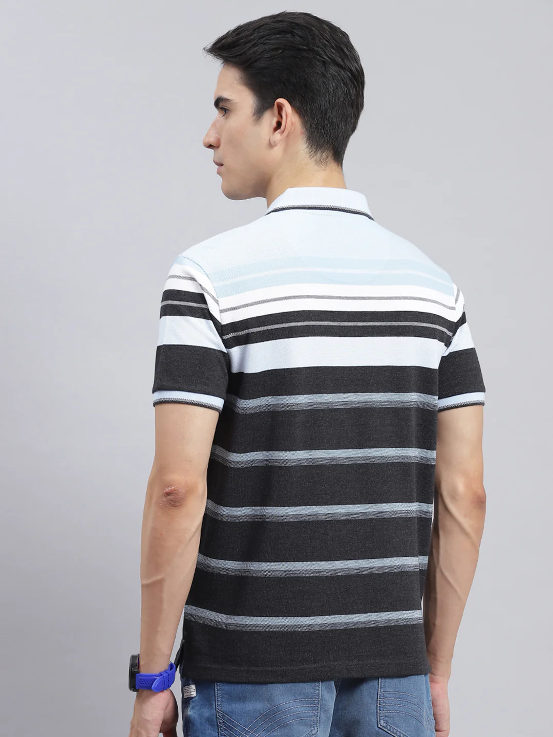 Men Blue Stripe Cotton Blend T-Shirt - Image 5
