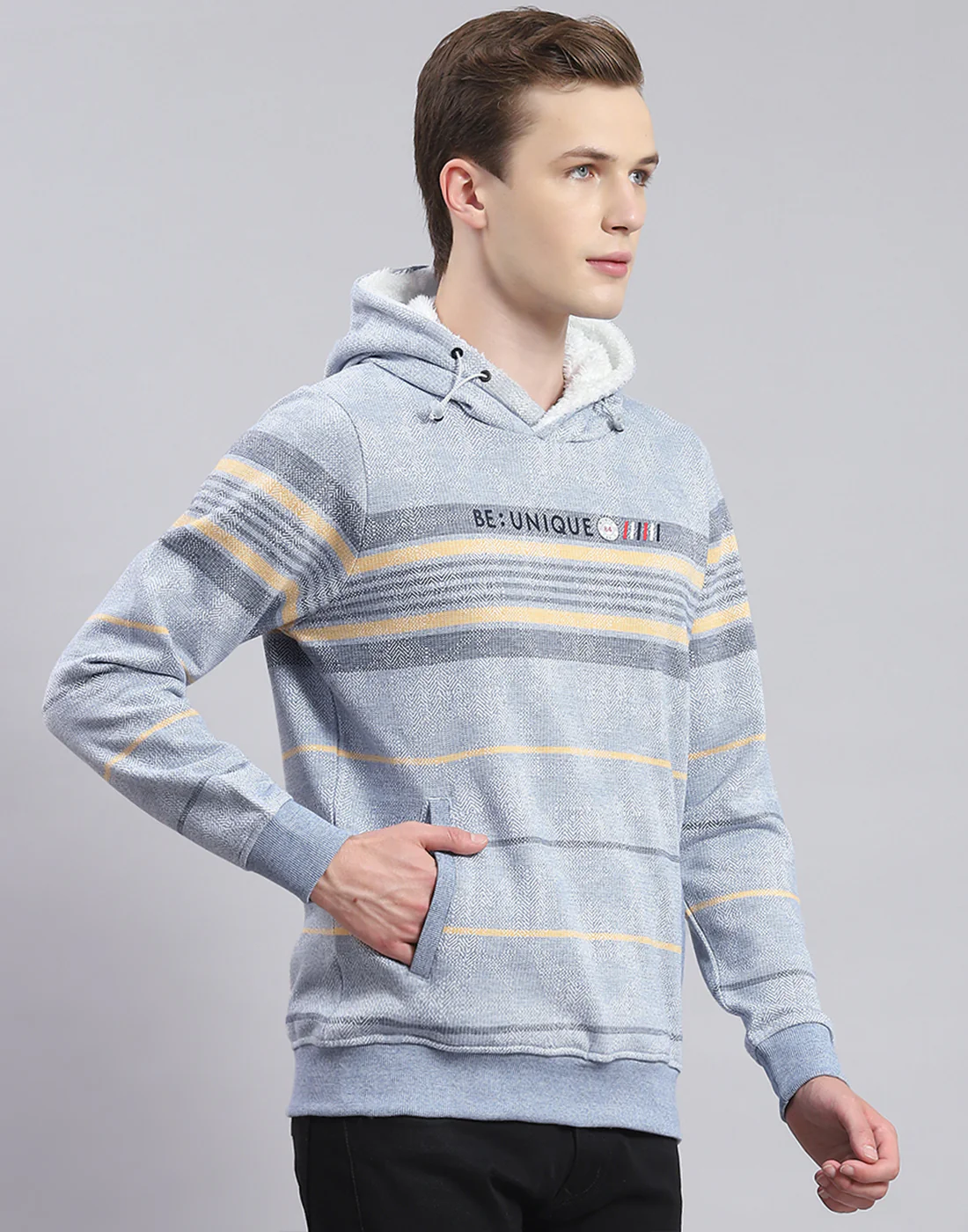 Men Blue Stripe Hooded Full Sleeve Sweatshirt - Image 4