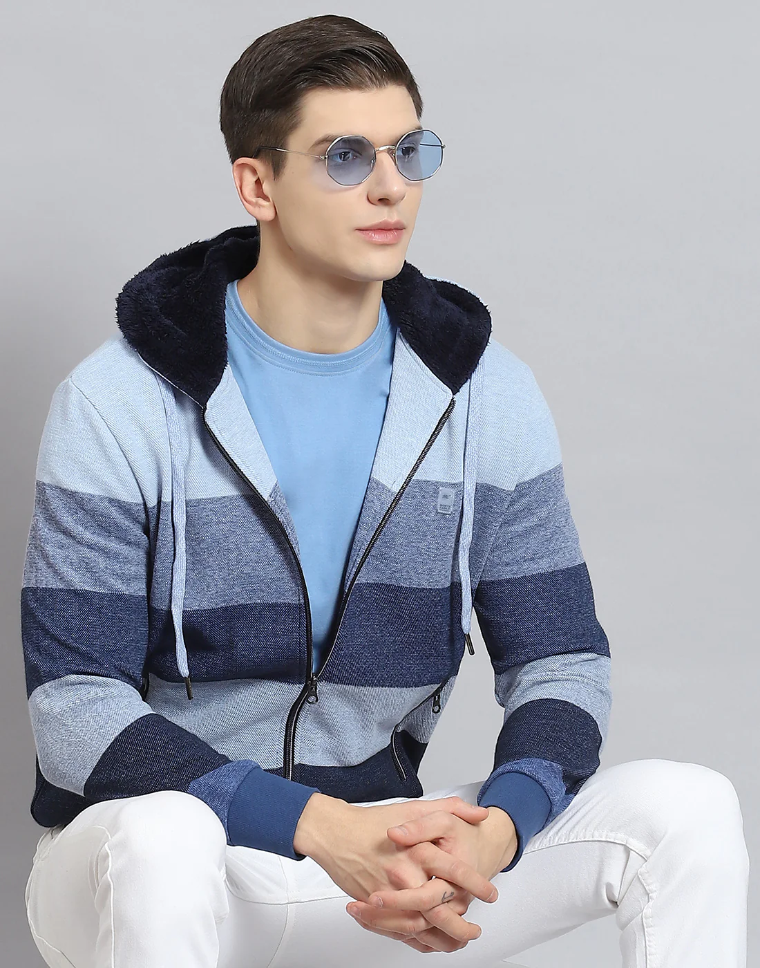 Men Blue Stripe Hooded Full Sleeve Sweatshirt - Image 2
