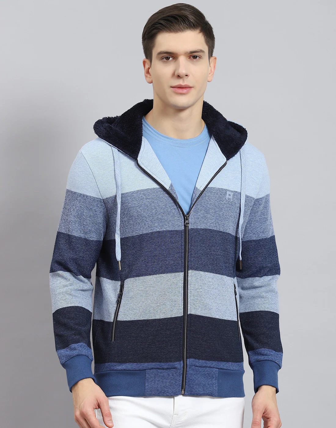 Men Blue Stripe Hooded Full Sleeve Sweatshirt - Image 3
