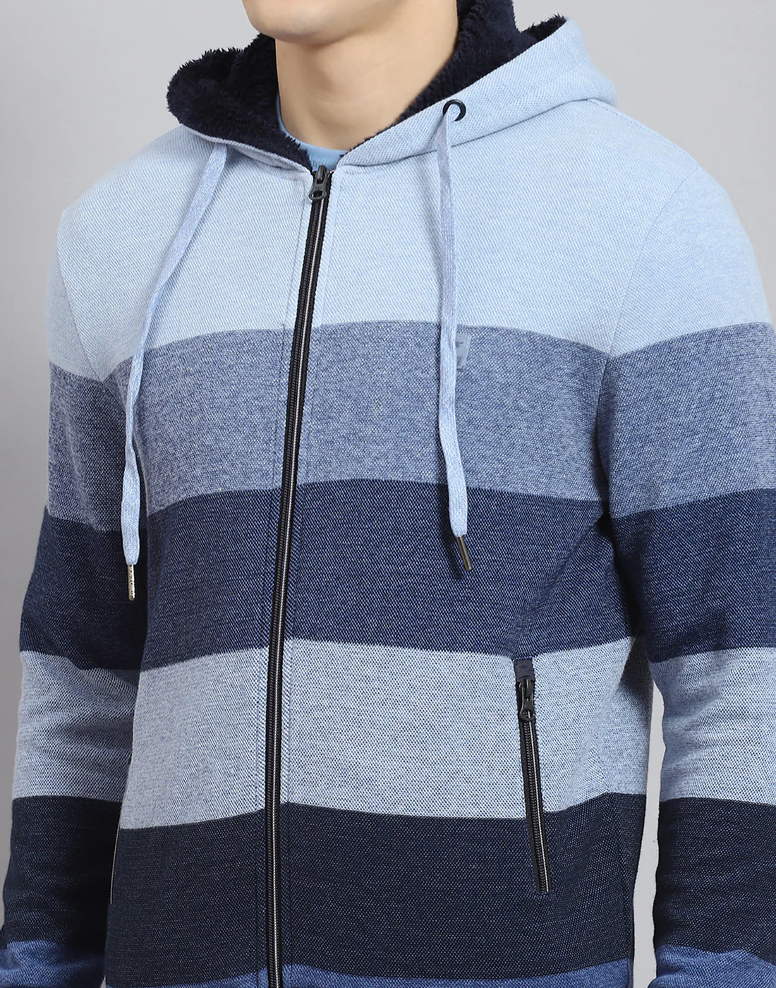 Men Blue Stripe Hooded Full Sleeve Sweatshirt - Image 8