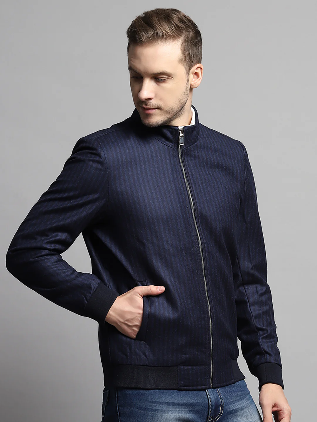 Luxuria Men Blue Stripe Mock Neck Full Sleeve Coat - Image 4