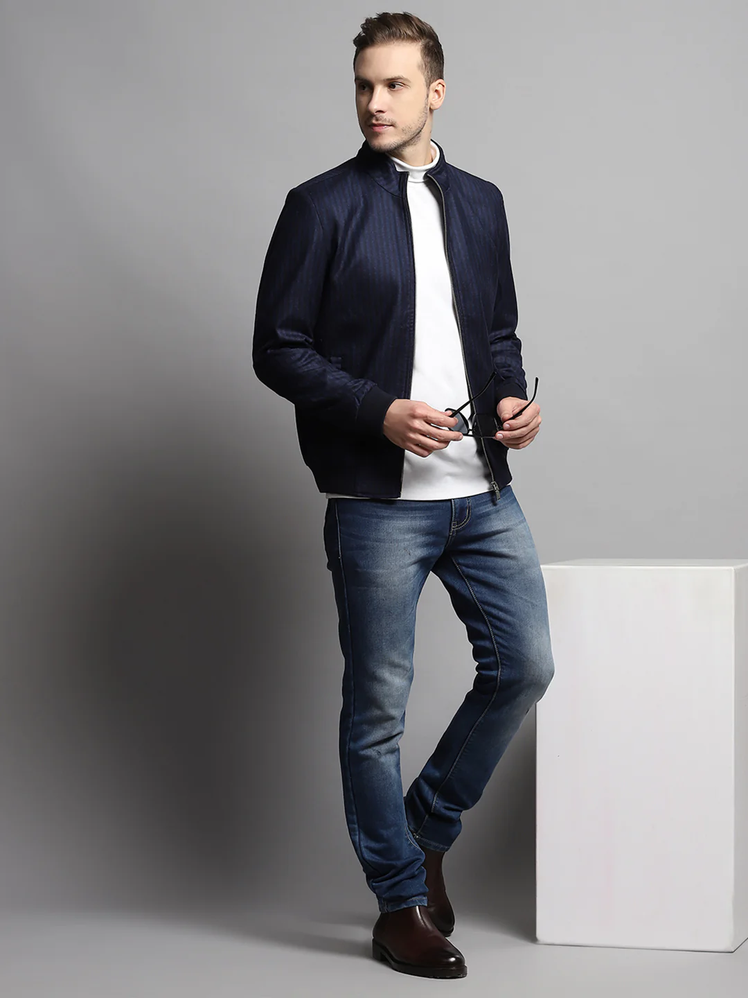 Luxuria Men Blue Stripe Mock Neck Full Sleeve Coat - Image 6