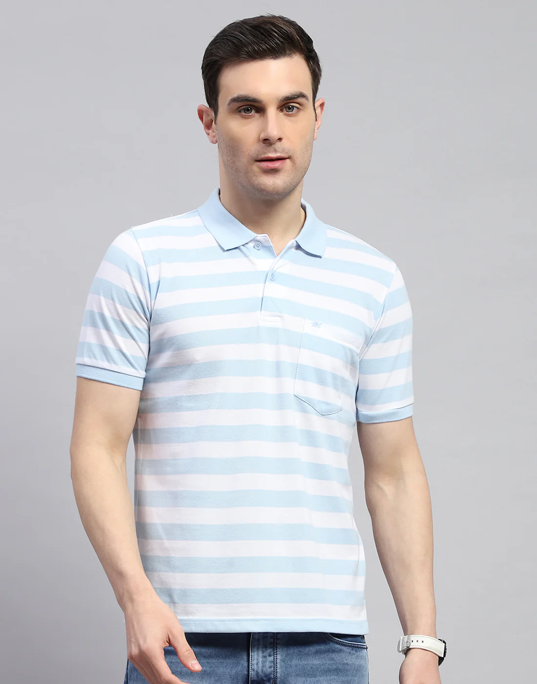 Men Blue Stripe Polo Collar Half Sleeve T-Shirt - Image 2