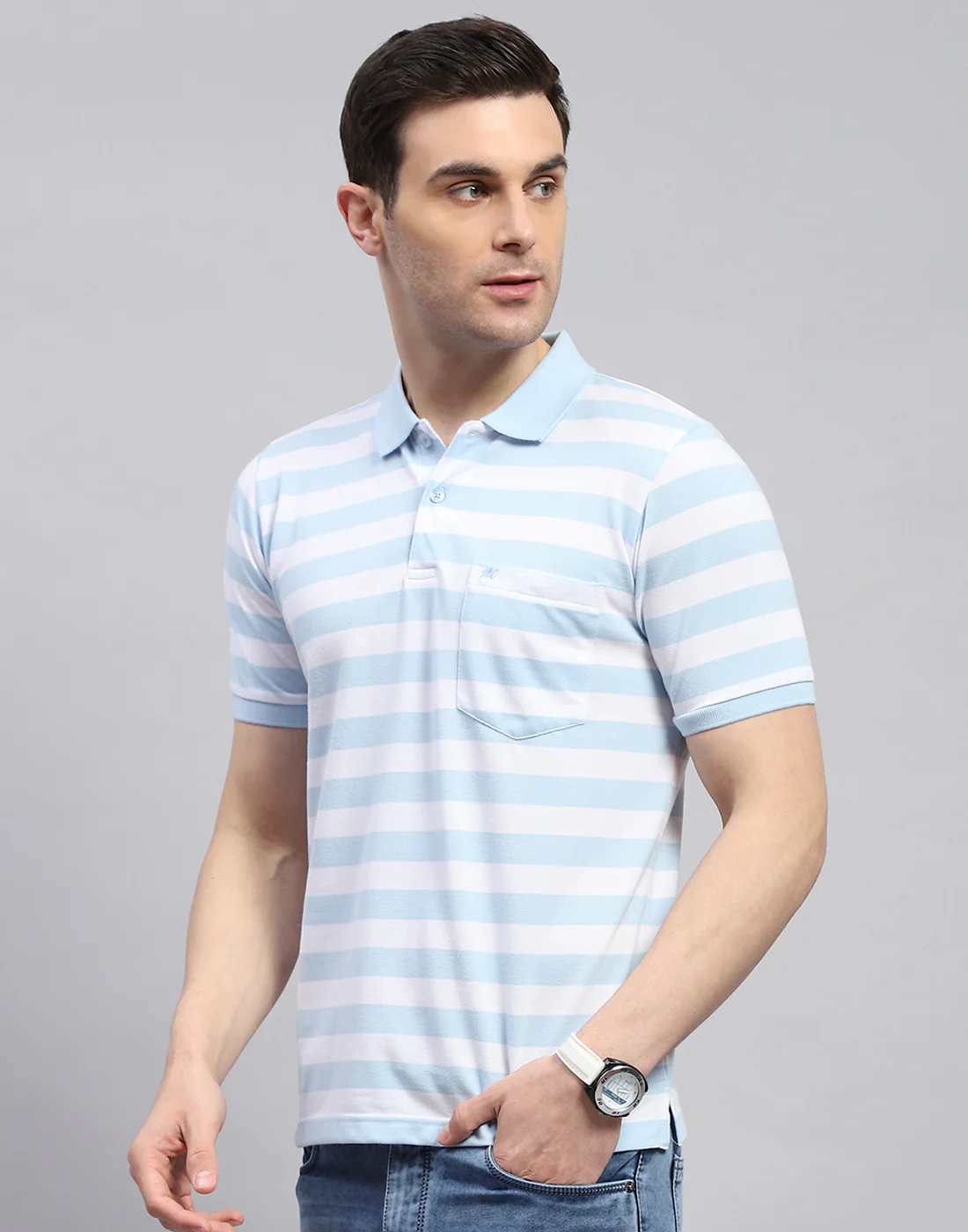 Men Blue Stripe Polo Collar Half Sleeve T-Shirt - Image 3